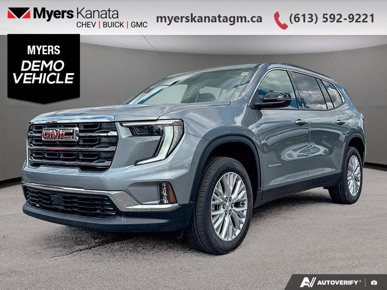 <b>SUNROOF,  POWER,  PANORAMIC SUNROOF, Premium Package, Luxury Package!</b><br> <br> At Myers, we believe in giving our customers the power of choice. When you choose to shop with a Myers Auto Group dealership, you dont just have access to one inventory, youve got the purchasing power of an entire auto group behind you!<br> <br>This GMC Acadia offers generous occupant space, stellar driving capabilities and excellent fuel economy, with plenty of features and the right amount of luxury.<br> <br>Wherever the roads lead, go confidently in this 2026 GMC Acadia. This SUV offers versatile space and impressive functionality that are seamlessly blended with style, safety, and top notch technology. This Acadia makes a strong impression with its confident stance and bold styling from front to back and its details, big or small, make it a truly distinctive crossover vehicle.<br> <br>This Sterling Metallic SUV has an Automatic transmission and is powered by a 328HP 2.5L 4 Cylinder Engine. <br> <br> Our Acadias trim level is Elevation. Standard features include the Driver Convenience Package with heated front seats, a heated steering wheel, remote start and a power liftgate for rear cargo access, Assisted Driving Package with lane keeping assist with lane departure warning, automatic emergency braking, and adaptive cruise control. Also standard include a wireless charging pad for mobile devices, a 12-speaker Bose premium audio system, a 15-inch infotainment screen with navigation capability, Apple CarPlay and Android Auto, and even more! This vehicle has been upgraded with the following features: SUNROOF, POWER, PANORAMIC SUNROOF, Premium Package, Luxury Package.<br><br> <br>To apply right now for financing use this link: <a href=https://www.myerskanatagm.ca/finance/ target=_blank>https://www.myerskanatagm.ca/finance/</a><br> <br/><br> Buy this vehicle now for the lowest bi-weekly payment of <b>$425.34</b> with $0 down for 84 months @ 4.99% APR O.A.C. ( Plus applicable taxes - **Rebates may not be applicable on all purchase types [cash, lease, or finance]. Eligibility and conditions may vary. Please see dealer for full details and confirmation of eligibility. ). Incentives expire 2026-07-31. See dealer for details. <br><br>Myers Kanata Chevrolet Buick GMC Inc is a great place to find quality used cars, trucks and SUVs. We also feature over a selection of over 50 used vehicles along with 30 certified pre-owned vehicles. Our Ottawa Chevrolet, Buick and GMC dealership is confident that youll be able to find your next used vehicle at Myers Kanata Chevrolet Buick GMC Inc. You will always find our inventory updated with the latest models. Our team believes in giving nothing but the best to our customers. Visit our Ottawa GMC, Chevrolet, and Buick dealership and get all the information you need today!<br> Come by and check out our fleet of 30+ used cars and trucks and 180+ new cars and trucks for sale in Kanata.  o~o
