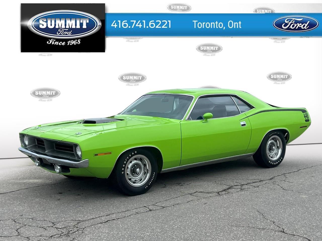 <p>Summit Classics brings you this stunning 1970 Plymouth Cuda 2 door hardtop equipped with a Plymouth 440-6pack Cubic Inch V8 engine E87 & Plymouth New process 4 speed manual transmission & factory Dana 44 rear end with 3.55 ratio A36.</p><p>Finished in its original colour Sublime Green FJ5 this Cuda has excellent fit and finish & original shaker hood N96 is in excellent condition. The audio is the factory Am radio with 8 track player R22.</p><p>This Cuda is powered be a numbers matching 440 6 pack with 3 Holley 2 barrel carburetors. For your piece of mind we just completed a compression test in our shop and happy to report 182 PSI across all cylinders. The original engine compartment , inner fenders with Broadcast Tag & firewall are in excellent painted condition.</p><p>Be sure to check out all the photos of the underside, the original floors are solid and in excellent condition. This is a correctly restored original body & original colour painted produced in Los Angles is in excellent overall condition.</p><p>Priced at $159,000 CDN or $116,000 USD</p><p>FOR MORE INFORMATION: CALL SCOTT 416-741-6221 or <a target=_blank rel=noopener noreferrer nofollow>scottv@summitford.com</a>. Note to US customers: We can arrange shipping anywhere in the US, broker across the border, no tax and no Duty. Fully insured. We are located 15 minutes from the Toronto International Airport</p><p>The mileage shown on this vehicle is not guaranteed to be accurate. Due to the age of the vehicle and the limitations of historical record-keeping, Summit Ford Sales (1982) Ltd. has no way to verify the true mileage. The odometer reading should therefore be considered exempt, approximate, or for display purposes only.</p><p>By proceeding with the purchase, the buyer acknowledges and accepts that the actual mileage may differ from the odometer reading currently displayed.</p>