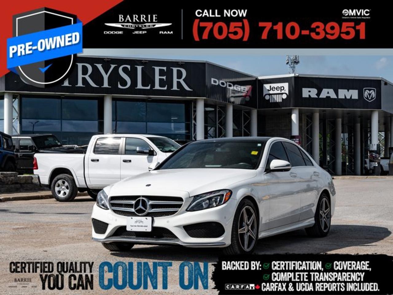 4MATIC®.This vehicle is certified. You can trust that each certified vehicle goes through a 150-point inspection by our factory-trained master technicians. Our requirements exceed the provincial regulations of safety standards.With every detail disclosed and every standard met, confidence comes standard.Verified Vehicle History: CarFAX and UCDA reports included.Certified & Serviced: Oil, filters, and wipers replaced before delivery.Warranty You Can Trust: Up to 8 years or 200,000 KM of coverage.Finance Made Simple: Competitive rates for all credit profiles.Easy Exchange Program: Return within 7 days or 500 KM.Thank you for choosing Barrie Chrysler Dodge Jeep Ram, where the easy car-buying experience is all about you! Visit our expansive 50-car indoor showroom and view the hundreds of vehicles available, both on-site and off-site. We are located right in the heart of Barrie, on Dunlop St W, just off of Highway 400. - 395 Dunlop St W, Barrie, ON.We pay cash for cars, even if you dont buy one from us!White 2018 Mercedes-Benz C-Class C 300 4MATIC® 4MATIC® 4D Sedan 2.0L I4 DOHC Turbocharged 9-Speed Automatic 4MATIC®We utilize real-time third-party software to price our vehicles, ensuring they align with the daily average market price. For that reason, our vehicles are priced competitively.We have over 100 pre-owned vehicles available onsite, with extra off-site inventory available at all times. Prices are plus HST and licensing fee.