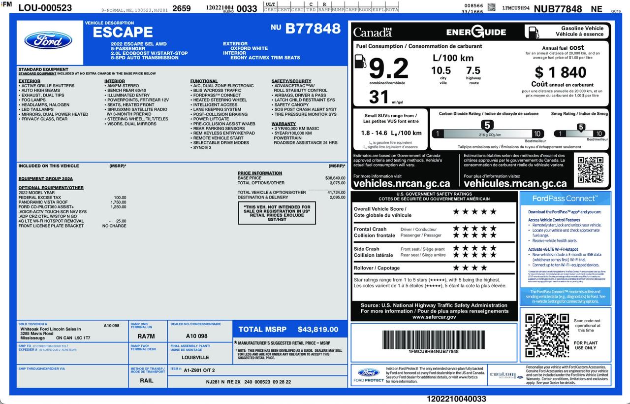 2022 Ford Escape SEL 302A|HEATED ACTIVEX BKT STS|ENG 2.0L|CO-PILOT360 ASSIST+| PWR OPEN/CLOSE PANO ROOF Photo
