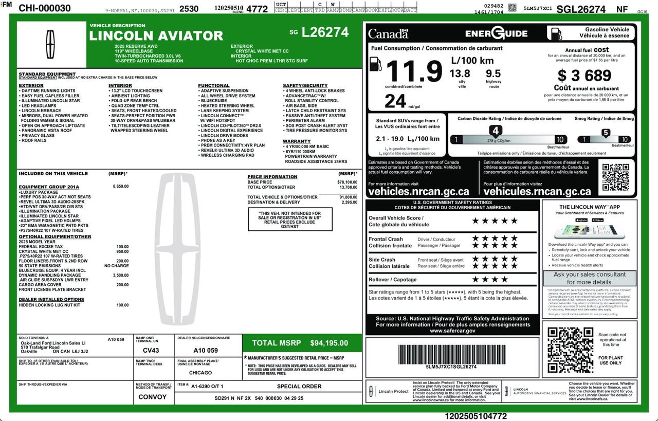 2025 Lincoln Aviator Reserve 201A|HEATED/VENT STS|DYNAMIC HANDLING PK|1 OWNER|N Photo
