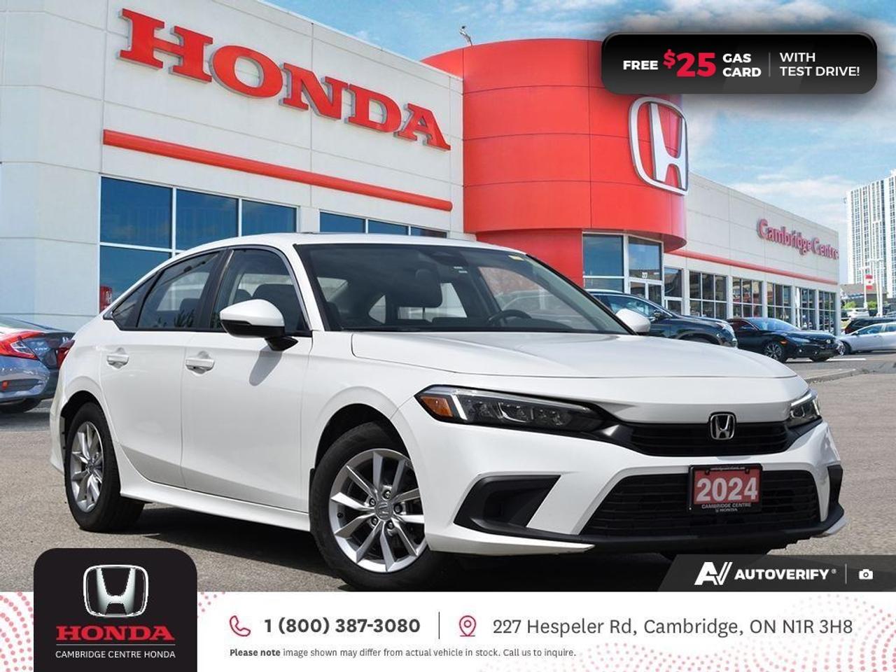 <p><span style=color:rgb( 0 , 0 , 0 )><strong>CLEAN CIVIC! IN EXCELLENT SHAPE! TEST DRIVE TODAY!</strong></span></p><p><span style=color:rgb( 0 , 0 , 0 )>2024 Honda Civic EX featuring CVT transmission, five passenger seating, remote engine starter, rearview camera with dynamic guidelines, power sunroof, Apple CarPlay and Android Auto connectivity, ECON mode, Bluetooth, AM/FM audio system with two USB inputs, steering wheel mounted controls, cruise control, air conditioning, dual climate zones, heated front seats, 12V power outlet, proximity key entry, push button start, power mirrors, power locks, power windows, 60/40 split fold-down rear seatback, Anchors and Tethers for Children (LATCH), The Honda Sensing Technologies - Adaptive Cruise Control, Forward Collision Warning system, Collision Mitigation Braking system, Lane Departure Warning system, Lane Keeping Assist system and Road Departure Mitigation system, remote keyless entry, daytime running lights, electronic stability control and anti-lock braking system.Contact Cambridge Centre Honda for special discounted finance rates, as low as 8.99%, on approved credit from Honda Financial Services.</span></p><p><span style=color:rgb( 255 , 0 , 0 )><strong>FREE $25 GAS CARD WITH TEST DRIVE!</strong></span></p><p><span style=color:rgb( 0 , 0 , 0 )>Our philosophy is simple. We believe that buying and owning a car should be easy, enjoyable and transparent. Welcome to the Cambridge Centre Honda Family! Cambridge Centre Honda proudly serves customers from Cambridge, Kitchener, Waterloo, Brantford, Hamilton, Waterford, Brant, Woodstock, Paris, Branchton, Preston, Hespeler, Galt, Puslinch, Morriston, Roseville, Plattsville, New Hamburg, Baden, Tavistock, Stratford, Wellesley, St. Clements, St. Jacobs, Elmira, Breslau, Guelph, Fergus, Elora, Rockwood, Halton Hills, Georgetown, Milton and all across Ontario!</span></p>