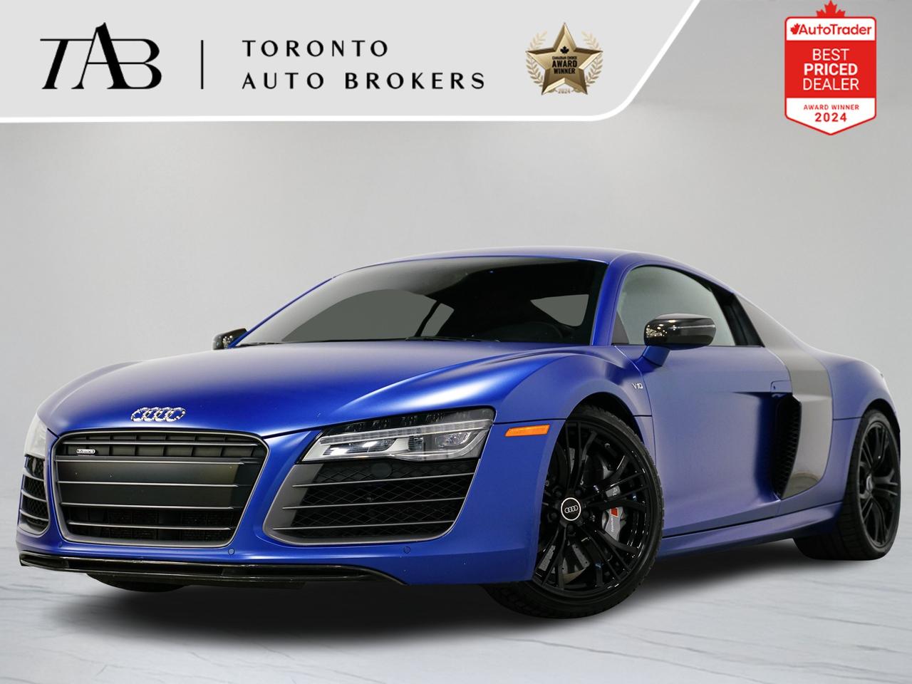 2015 Audi R8 quattro

NOW OFFERING 3 MONTH DEFERRED FINANCING PAYMENTS ON APPROVED CREDIT. WE OFFER THE BEST FINANCE RATES, AND DONT CHARGE ANY FINANCING FEE Looking for a top-rated pre-owned luxury car dealership in the GTA? Look no further than Toronto Auto Brokers (TAB)! Were proud to have won multiple awards, including the 2024 AutoTrader Best Priced Dealer, the 2024 CarGurus Award, the 2025 Top Choice Award, the 2025 Consumer Satisfaction Award, the 2025 Canadian Choice Award, the 2025 Three Best Rated Dealer Award, and many more!

With 30 years of experience serving the Greater Toronto Area, TAB is a respected and trusted name in the pre-owned luxury car industry. Our 30,000 sq.Ft indoor showroom is home to a wide range of luxury vehicles from top brands like BMW, Mercedes-Benz, Audi, Porsche, Land Rover, Jaguar, Aston Martin, Bentley, Maserati, and more. And we dont just serve the GTA, were proud to offer our services to all cities in Canada, including Vancouver, Montreal, Calgary, Edmonton, Winnipeg, Saskatchewan, Halifax, and more.

At TAB, were committed to providing a no-pressure environment and honest work ethics. As a family-owned and operated business, we treat every customer like family and ensure that every interaction is a positive one. Come experience the TAB Lifestyle at its truest form, luxury car buying has never been more enjoyable and exciting!

We offer a variety of services to make your purchase experience as easy and stress-free as possible. From competitive and simple financing and leasing options to extended warranties, aftermarket services, and full history reports on every vehicle, we have everything you need to make an informed decision. We welcome every trade, even if youre just looking to sell your car without buying, and when it comes to financing or leasing, we offer same day approvals, with access to over 50 lenders, including all of the banks in Canada. Feel free to check out your own Equifax credit score without affecting your credit score, simply click on the Equifax tab above and see if you qualify.

So if youre looking for a luxury pre-owned car dealership in Toronto, look no further than TAB! We proudly serve the GTA, including Toronto, Etobicoke, Woodbridge, North York, York Region, Vaughan, Thornhill, Richmond Hill, Mississauga, Scarborough, Markham, Oshawa, Peteborough, Hamilton, Newmarket, Orangeville, Aurora, Brantford, Barrie, Kitchener, Niagara Falls, Oakville, Cambridge, Kitchener, Waterloo, Guelph, London, Windsor, Orillia, Pickering, Ajax, Whitby, Durham, Cobourg, Belleville, Kingston, Ottawa, Montreal, Vancouver, Winnipeg, Calgary, Edmonton, Regina, Halifax, and more.

Call us today or visit our website to learn more about our inventory and services. And remember, all prices exclude applicable taxes and licensing, and vehicles can be certified at an additional cost of $999.

Reviews:
  * Comfortable cabin; easy to drive fast or slow; traditional manual and quick-shifting automated-manual transmissions available; intoxicating soundtrack with either engine. Source: Edmunds