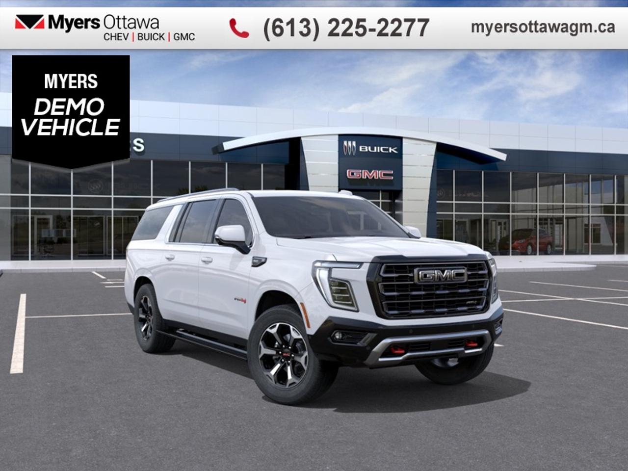YUKON XL AT4 ULTIMATE!!! THIS IS THE ONE EVERYONE WANTS!! WHITE ON OBSIDIAN RUSH WITH RED ACCENTS, NIGHT VISION, 6.2 V8, SPORT PEDAL KIT, PANO SUNROOF, 2ND ROW BUCKETS<br> <br>This GMC Yukon XL is a traditional full-size SUV thats thoroughly modern. With its truck-based body-on-frame platform, its every bit as tough and capable as a full size pickup truck. The handsome exterior and well-appointed interior are what make this SUV a desirable family hauler. This Yukon sits above the competition in tech, features and aesthetics while staying capable and comfortable enough to take the whole family and a camper along for the adventure.<br> <br>This Summit White SUV has an Automatic transmission and is powered by a 420HP 6.2L 8 Cylinder Engine. <br> <br> Our Yukon XLs trim level is AT4 Ultimate. This trim blends advanced off-road capability with modern comfort and technology. Suspension with Magnetic Ride Control, an active 2-speed Autotrac transfer case, mechanical limited-slip differential, skid plate protection, and heavy-duty trailering equipment with Hitch Guidance ensure confidence on rugged trails and demanding terrain. All-terrain tires on 20-inch Carbon Flash Metallic wheels, red recovery hooks, and a high-approach front fascia reinforce durability, while heated and ventilated leather-appointed seating, tri-zone climate control, and a premium Bose 18-speaker system keep every drive refined. Tech highlights include a 16.8-inch infotainment display with Google built-in, wireless Apple CarPlay and Android Auto, 5G Wi-Fi hotspot capability, HD Surround Vision, and Adaptive Cruise Control, providing both convenience and control whether exploring off-road routes or navigating city streets. This vehicle has been upgraded with the following features: Black GMC Emblems.<br><br> <br>To apply right now for financing use this link: <a href=https://creditonline.dealertrack.ca/Web/Default.aspx?Token=b35bf617-8dfe-4a3a-b6ae-b4e858efb71d&Lang=en target=_blank>https://creditonline.dealertrack.ca/Web/Default.aspx?Token=b35bf617-8dfe-4a3a-b6ae-b4e858efb71d&Lang=en</a><br> <br/>4.99% financing for 84 months. <br> Buy this vehicle now for the lowest bi-weekly payment of <b>$1061.95</b> with $0 down for 84 months @ 4.99% APR O.A.C. ( taxes included, **Rebates may not be applicable on all purchase types [cash, lease, or finance]. Eligibility and conditions may vary. Please see dealer for full details and confirmation of eligibility. / Federal Luxury Tax of $7374.00 included.). Incentives expire 2026-06-01. See dealer for details. <br><br><br> Come by and check out our fleet of 50+ used cars and trucks and 170+ new cars and trucks for sale in Ottawa.  o~o