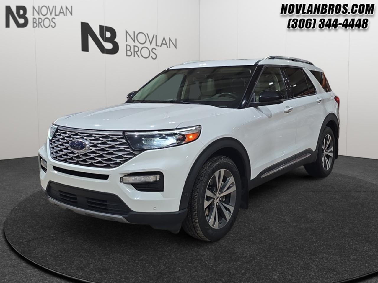 <b>Sunroof, Heated Seats, Navigation, Alloy Wheels, Remote Engine Start!</b><br> <br> Check out our great inventory of pre-owned vehicles at Novlan Brothers!<br> <br>The Ford Explorer is primed for modern-day exploration. Its adjustable interior offers space and comfort for the whole family. This 2020 Ford Explorer is for sale today in Paradise Hill.<br> <br>This all-new Ford Explorer is the ultimate exploration vehicle with plenty of style and space for all of your passengers and cargo. It has the hauling capabilities of a midsize SUV combined with strong off-road capabilities. Whether your next family adventure is to the grocery store or over a high mountain pass, the Ford Explorer was built to get you there with ease.<br> <br>This SUV has 134,194 km. Its White Platinum in colour. It has a 10 Speed Automatic transmission and is powered by a 365HP 3.0L V6 Cylinder Engine. <br> <br> Our Explorers trim level is Platinum. Upgrading to this luxurious Ford Explorer Platinum is an excellent choice as it comes with exclusive aluminum wheels and classy exterior styling, a massive sunroof and a large color touchscreen featuring navigation, Apple CarPlay, Android Auto, SYNC and a premium Bang & Olufsen audio system. It also features LED lights with front fog lights, perforated Tri-Diamond leather heated and cooled seats with accent stitching, genuine wood trim, a power tailgate, heated steering wheel, split folding rear seats, front and rear parking assist, Ford Co-Pilot360 featuring lane keep assist, blind spot detection, cross traffic alert, active park assist, forward collision warning and evasion assist, a proximity key with push button start, remote engine start, FordPass Connect 4G LTE WiFi plus much more. This vehicle has been upgraded with the following features: Sunroof, Heated Seats, Navigation, Alloy Wheels, Remote Engine Start, Reverse Sense System, Rear View Camera.<br> To view the original window sticker for this vehicle view this <a href=http://www.windowsticker.forddirect.com/windowsticker.pdf?vin=1FM5K8HC9LGC70462 target=_blank>http://www.windowsticker.forddirect.com/windowsticker.pdf?vin=1FM5K8HC9LGC70462</a>. <br/><br> <br>To apply right now for financing use this link: <a href=http://novlanbros.com/credit/ target=_blank>http://novlanbros.com/credit/</a><br> <br/>Payments from <b>$511.47</b> monthly with $0 down for 84 months @ 8.99% APR O.A.C. ( Plus applicable taxes - Plus applicable fees ). See dealer for details. <br><br>The Novlan family is owned and operated by a third generation and committed to the values inherent from our humble beginnings.<br> Come by and check out our fleet of 20+ used cars and trucks and 80+ new cars and trucks for sale in Paradise Hill.  o~o