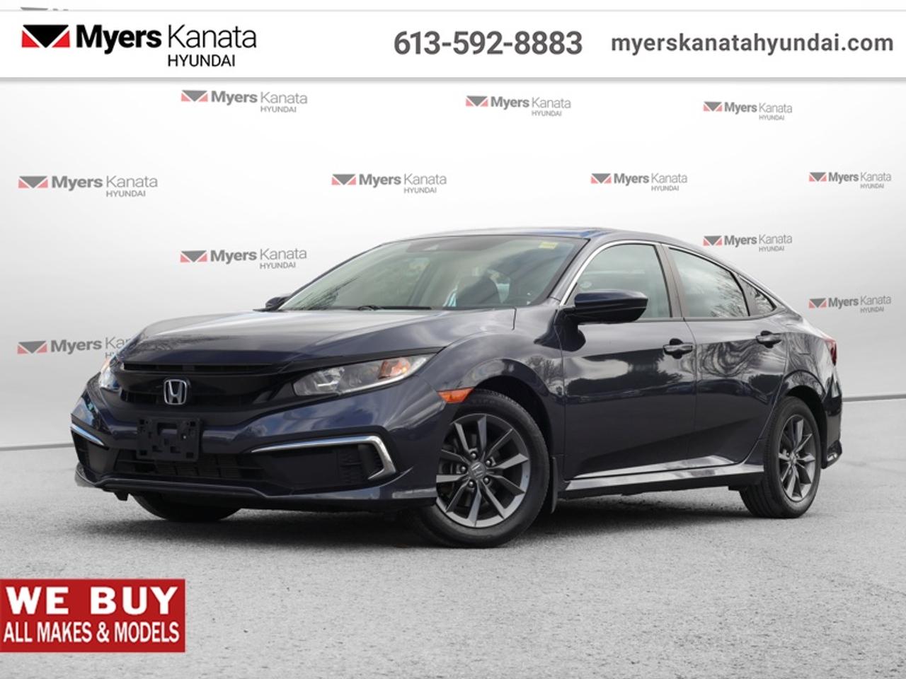 <b>Low Mileage, Sunroof,  Remote Start,  Heated Seats,  Apple CarPlay,  Android Auto!</b><br> <br> This 2021 Honda Civic comes at you with even more personality, making every drive more enjoyable and engaging than the last. This 2021 Honda Civic Sedan is fresh on our lot in Kanata.<br> <br>With harmonious power, excellent handling capability, plus its engaging driving dynamic, this 2021 Honda Civic is a highly compelling choice in the eco-friendly compact car segment. Regardless of your style preference or driving habits, this impressive Honda Civic will perfectly suit your wants and needs. The Civic offers the right amount of cargo space, an aggressive exterior design with sporty and sleek body lines, plus a comfortable and ergonomic interior layout that works well with all family sizes. This Civic easily makes a bold statement without saying a word!<br> <br>This low mileage sedan has just 38,854 km. Its Crystal Black P in colour and is completely accident free based on the <a href=https://vhr.carfax.ca/?id=NaaLcnCFFwEWxi+/m4YZ0PPmi/5EHwdu target=_blank>CARFAX Report</a>. It has an Automatic transmission and is powered by a smooth engine. <br> <br> Our Civic Sedans trim level is EX. This EX Civic adds a power moonroof, proximity key, aluminum wheels, blind spot display, and remote start to the LX features like collision mitigation with forward collision warning, lane keep assist with road departure mitigation, adaptive cruise control, straight driving assist for slopes, and automatic highbeams you normally only expect with a higher price. The interior is as comfy and advanced as you need with heated front seats, remote start, Apple CarPlay, Android Auto, Bluetooth, Siri EyesFree, WiFi tethering, steering wheel with cruise and audio controls, multi-angle rearview camera, 7 inch driver information display, and automatic climate control. The exterior has some great style with a refreshed grille, independent suspension, heated power side mirrors, and LED taillamps. This vehicle has been upgraded with the following features: Sunroof, Remote Start, Heated Seats, Apple CarPlay, Android Auto, Lane Keep Assist, Collision Mitigation.<br> <br>To apply right now for financing use this link: <a href=https://www.myerskanatahyundai.com/finance/ target=_blank>https://www.myerskanatahyundai.com/finance/</a><br> <br/>Buy this vehicle now for the lowest weekly payment of <b>$84.58</b> with $0 down for 96 months @ 8.99% APR O.A.C. ( Plus applicable taxes - and licensing fees ). See dealer for details. <br><br>Smart buyers buy at Myers where all cars come Myers Certified including a 1 year tire and road hazard warranty (some conditions apply, see dealer for full details.)<br> <br>This vehicle is located at Myers Kanata Hyundai 400-2500 Palladium Dr Kanata, Ontario.<br>*LIFETIME ENGINE TRANSMISSION WARRANTY NOT AVAILABLE ON VEHICLES WITH KMS EXCEEDING 140,000KM, VEHICLES 8 YEARS & OLDER, OR HIGHLINE BRAND VEHICLE(eg. BMW, INFINITI. CADILLAC, LEXUS...)<br> Come by and check out our fleet of 40+ used cars and trucks and 190+ new cars and trucks for sale in Kanata.  o~o