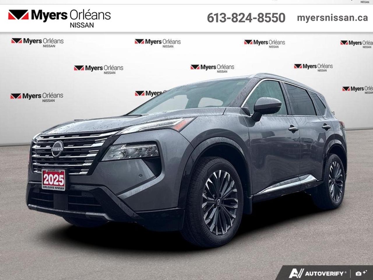 <b>Low Mileage, HUD,  Bose Premium Audio,  Leather Seats,  Navigation,  360 Camera!</b><br> <br>  Compare at $42303 - Our Price is just $41071! <br> <br>This 2025 Rogue aims to exhilarate the soul and satisfy the need for a dependable family hauler. This 2025 Nissan Rogue is fresh on our lot in Orleans.<br> <br>Nissan was out for more than designing a good crossover in this 2025 Rogue. They were designing an experience. Whether your adventure takes you on a winding mountain path or finding the secrets within the city limits, this Rogue is up for it all. Spirited and refined with space for all your cargo and the biggest personalities, this Rogue is an easy choice for your next family vehicle.<br> <br>This low mileage SUV has just 6,414 km. Its Gray in colour and is completely accident free based on the <a href=https://vhr.carfax.ca/?id=n0RjmPdXXOMtlyGV/5N1EWITDkS4Wqbv target=_blank>CARFAX Report</a>. It has an Automatic transmission and is powered by a 201HP 1.5L 3 Cylinder Engine. <br> <br> Our Rogues trim level is Platinum. This range-topping Rogue Platinum features a drivers head up display and Bose premium audio, and rewards you with 19-inch alloy wheels, quilted anmd perforated semi-aniline leather upholstery, heated rear seats, a power moonroof, a power liftgate for rear cargo access, adaptive cruise control and ProPilot Assist. Also standard include heated front heats, a heated leather steering wheel, mobile hotspot internet access, proximity key with remote engine start, dual-zone climate control, and a 12.3-inch infotainment screen with NissanConnect, Apple CarPlay, and Android Auto. Safety features also include HD Enhanced Intelligent Around View Monitoring, lane departure warning, blind spot detection, front and rear collision mitigation, and rear parking sensors. This vehicle has been upgraded with the following features: HUD, Bose Premium Audio, Leather Seats, Navigation, 360 Camera, Moonroof, Power Liftgate.<br> <br/><br>We are proud to regularly serve our clients and ready to help you find the right car that fits your needs, your wants, and your budget.And, of course, were always happy to answer any of your questions.Proudly supporting Ottawa, Orleans, Vanier, Barrhaven, Kanata, Nepean, Stittsville, Carp, Dunrobin, Kemptville, Westboro, Cumberland, Rockland, Embrun , Casselman , Limoges, Crysler and beyond! Call us at (613) 824-8550 or use the Get More Info button for more information. Please see dealer for details. The vehicle may not be exactly as shown. The selling price includes all fees, licensing & taxes are extra. OMVIC licensed.Find out why Myers Orleans Nissan is Ottawas number one rated Nissan dealership for customer satisfaction! We take pride in offering our clients exceptional bilingual customer service throughout our sales, service and parts departments. Located just off highway 174 at the Jean DÀrc exit, in the Orleans Auto Mall, we have a huge selection of Used vehicles and our professional team will help you find the Nissan that fits both your lifestyle and budget. And if we dont have it here, we will find it or you! Visit or call us today.<br>*LIFETIME ENGINE TRANSMISSION WARRANTY NOT AVAILABLE ON VEHICLES WITH KMS EXCEEDING 140,000KM, VEHICLES 8 YEARS & OLDER, OR HIGHLINE BRAND VEHICLE(eg. BMW, INFINITI. CADILLAC, LEXUS...)<br> Come by and check out our fleet of 30+ used cars and trucks and 110+ new cars and trucks for sale in Orleans.  o~o
