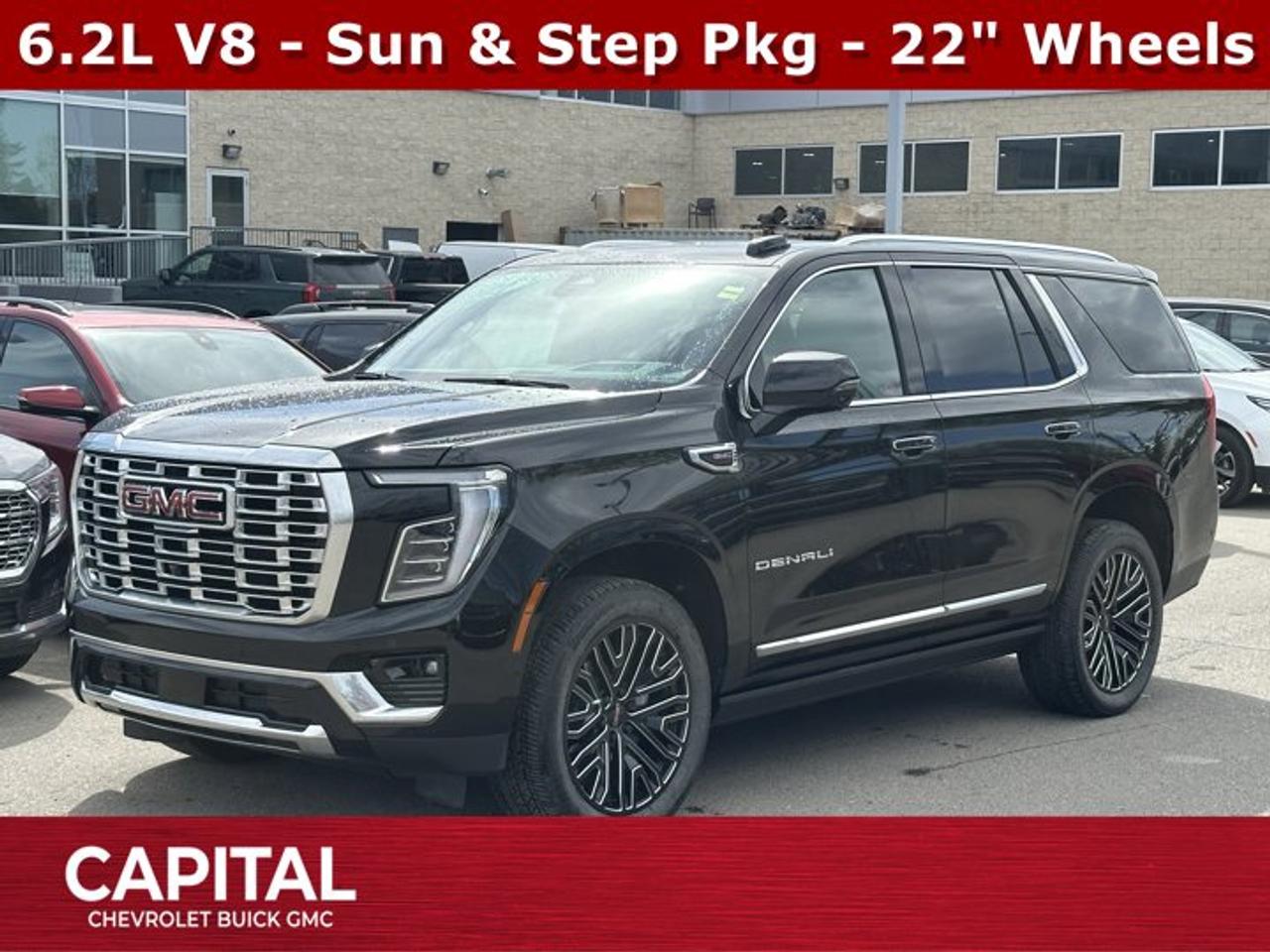 Recent Arrival!Ask for the Internet Department for more information or book your test drive today! Call 403-256-4960 for fast answers at your fingertips! Disclaimer: All prices are plus taxes. See dealer for details. AMVIC Licensed Dealer # B2020028.2025 Yukon 10-Speed Automatic with Overdrive 4WD Yukon Denali, EcoTec3 6.2L V8, 4WD, 15 Diagonal Multi-Colour Head-Up Display, 22 6-Spoke Low Gloss Black Wheels, 3.23 Rear Axle Ratio, AutoSense Hands-Free Power Liftgate, Bose 10-Speaker Surround with CenterPoint, Bright Front and Rear Door Sill Plates, Dual Exhaust System, Dual-Pane Panoramic Power Sunroof, Exterior Parking Camera Rear, Front Bucket Seats, Galvano Bodyside Mouldings, Heated front seats, Heated rear seats, Heated steering wheel, Magnetic Ride Control Suspension, Perforated Leather Seating Surfaces, Power Liftgate, Power Release 2nd Row Bucket Seats, Power Tilt and Telescopic Steering Column, Power-Retractable Assist Steps, Preferred Equipment Group 5SA, Radio: 16.8 Diagonal Premium GMC Infotainment System, SiriusXM with 360L Trial Subscription, Sun and Power Step Package, Ventilated front seats.