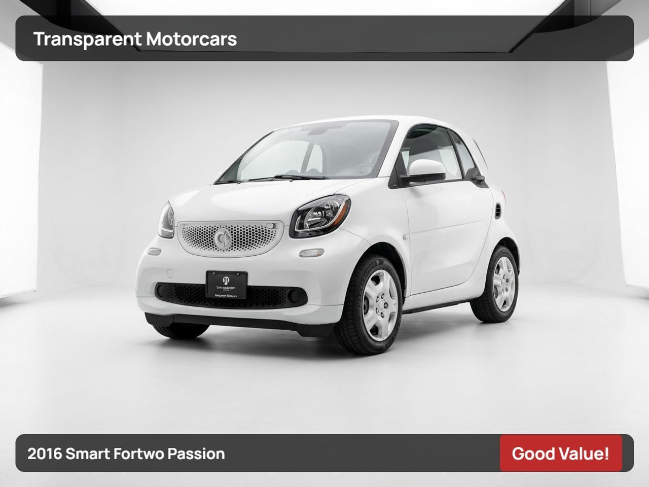 Transparent Motorcars is pleased to offer this beautiful 2016 Smart Fortwo Passion With 69,393kms Only, Clean Carfax! It Features 89 HP 1.0L DOHC Inline-3 Gasoline Engine Paired With 6-Speed Twinamic Dual-Clutch Automatic (DCT) With Manual Shift Mode. Heated Power Mirrors, Height-Adjustable Driver Seat, Improved Upholstery, Leather Seats, Heated Seats, Bluetooth, Automatic Climate Control, Cruise Control, Navigation, And Much More! <br/> <br/> <br/> Stock# G000276S Dealer # 50276 <br/> <br/> <br/> $995 Documentation Fee <br/> <br/> <br/> 3 Month Warranty Will Be Provided <br/> <br/> <br/> This vehicle has undergone a comprehensive 110-point inspection at our state-of-the-art service facility, covering: Powertrain, Suspension, Tire Tread Depth ,Brake Condition ,All Electrical Components <br/> <br/> <br/> *Each vehicle comes with a limited warranty for your peace of mind. <br/> <br/> <br/> *Free, full CARFAX Vehicle History Report available upon request. <br/> <br/> <br/> *We are a 5-star rated Google dealership, trusted by our customers. <br/> <br/> <br/> *Thousands of satisfied customers  we invite you to join our automotive family! <br/> <br/> <br/> *Complimentary pick-up service from the airport, ferry terminal, or SkyTrain station is available. <br/> <br/> <br/> *For details on our refund and buyback policy, please contact our team directly. <br/> <br/> <br/> At our dealership, we pride ourselves on building lasting relationships with our customers. Were not just a one-time dealer  we are committed to being your trusted partner for all your vehicle needs, now and in the future. From your initial purchase to ongoing service, we aim to exceed expectations every step of the way. <br/>
