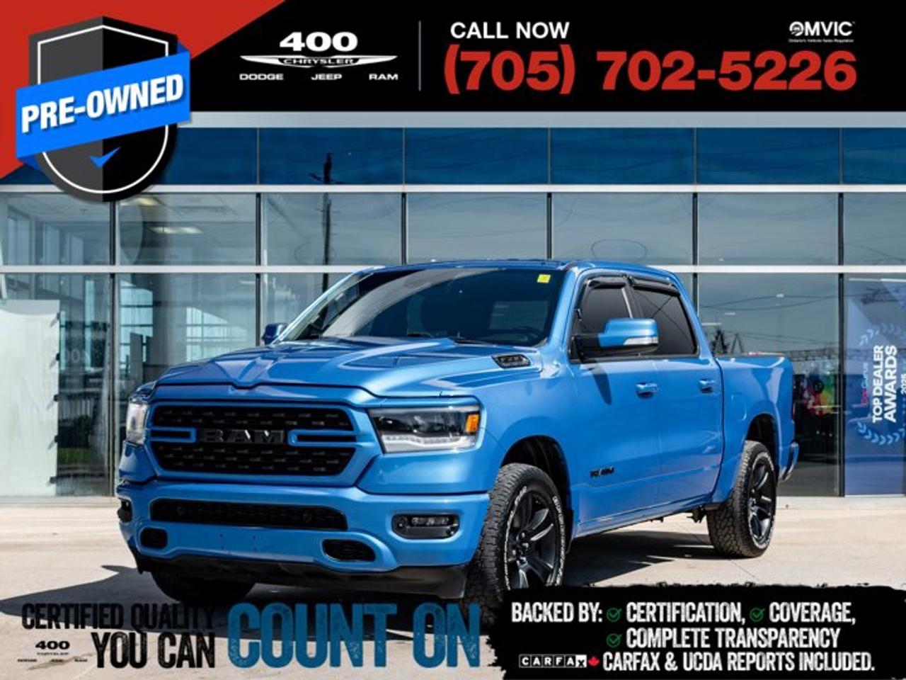 Experience power, style, and premium comfort in this 2022 Ram 1500 Sport equipped with the legendary 5.7L HEMI V8 delivering the performance and capability you expect from a Ram. This Sport stands out with bold styling and a refined interior loaded with sought-after features including the massive 12-inch touchscreen, Apple CarPlay, Android Auto, and the crystal-clear Alpine premium audio system for an incredible driving experience. Whether youre towing, commuting, or heading out on the weekend, this truck offers the perfect combination of strength, technology, and comfort with a smooth ride and commanding presence on the road.