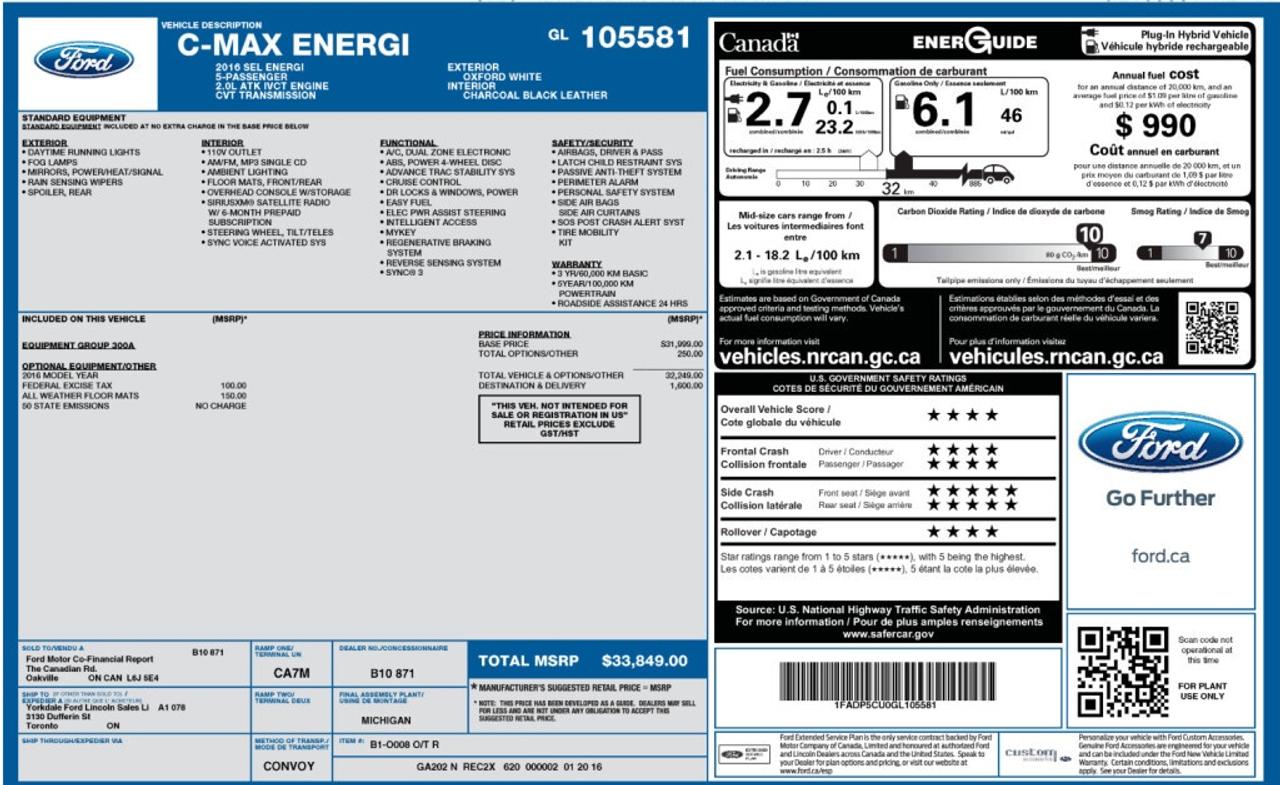 2016 Ford C-MAX SEL   Plug-In Hybrid   Low KM   Leather   Heated S Photo