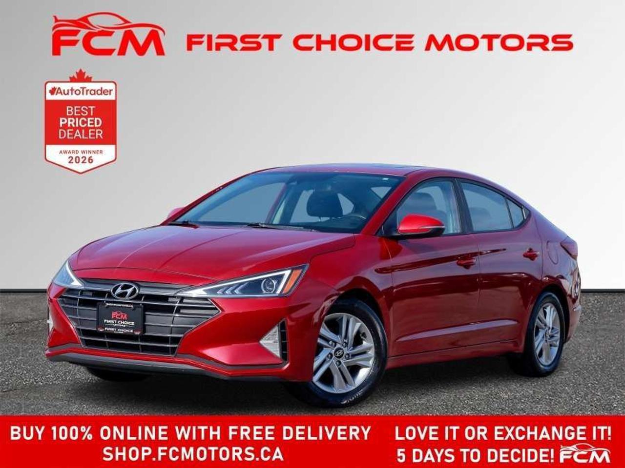 ** ** SPECIAL LIMITED TIME OFFER ** ** PURCHASE ANY VEHICLE THIS WEEK AND RECEIVE 4 BRAND-NEW ALL-SEASON TIRES AT NO ADDITIONAL COST!!! DONT MISS THIS EXCLUSIVE CHANCE TO UPGRADE YOUR RIDE AND STAY PREPARED FOR ANY WEATHER!!!       EXCITING NEWS FROM FIRST CHOICE MOTORS! Our brand-new online showroom is now open to the public, bringing the ultimate car shopping experience right to your fingertips! Enjoy a 100% online car shopping experience, with over 500 certified vehicles in stock, comprehensive protection plans, and thousands of new auto parts & accessories available! Plus, for a limited time, were offering FREE deliveries across Ontario on all vehicle purchases! Dont miss outvisit Shop.fcmotors.ca to find and upgrade your perfect vehicle today!      Welcome to First Choice Motors, the largest car dealership in Toronto of pre-owned cars, SUVs, and vans priced between $5000-$15,000. With an impressive inventory of over 300 vehicles in stock, we are dedicated to providing our customers with a vast selection of affordable and reliable options.       Were thrilled to offer a used 2019 Hyundai Elantra PREFERRED, red color with 196,000km (STK#9877) This vehicle was $10990 NOW ON SALE FOR $9990. It is equipped with the following features:   - Automatic Transmission   - Sunroof   - Heated seats   - Bluetooth   - Reverse camera   - Alloy wheels   - Power windows   - Power locks   - Power mirrors   - Air Conditioning      At First Choice Motors, we believe in providing quality vehicles that our customers can depend on. All our vehicles come with a 36-day guarantee on all safety related items. We also offer additional warranty options up to 5 years for our customers who want extra peace of mind.      Furthermore, all our vehicles are sold fully certified with brand new brakes rotors and pads, a fresh oil change, and brand new set of all-season tires installed & balanced. You can be confident that this car is in excellent condition and ready to hit the road.      At First Choice Motors, we believe that everyone deserves a chance to own a reliable and affordable vehicle. Thats why we offer financing options with low interest rates starting at 7.9% O.A.C. Were proud to approve all customers, including those with bad credit, no credit, students, and even 9 socials. Our finance team is dedicated to finding the best financing option for you and making the car buying process as smooth and stress-free as possible.      Our dealership is open 7 days a week to provide you with the best customer service possible. We carry the largest selection of used vehicles for sale under $9990 in all of Ontario. We stock over 300 cars, mostly Hyundai, Chevrolet, Mazda, Honda, Volkswagen, Toyota, Ford, Dodge, Kia, Mitsubishi, Acura, Lexus, and more. With our ongoing sale, you can find your dream car at a price you can afford. Come visit us today and experience why we are the best choice for your next used car purchase!      All prices include $22.00 OMVIC Fee.  Excludes, license plates, ownership registration and ONTARIO HST (13%)   *No Credit Card payments can be accepted for Vehicle Purchases*    *No Credit Card payments can be accepted for Vehicle Purchases*