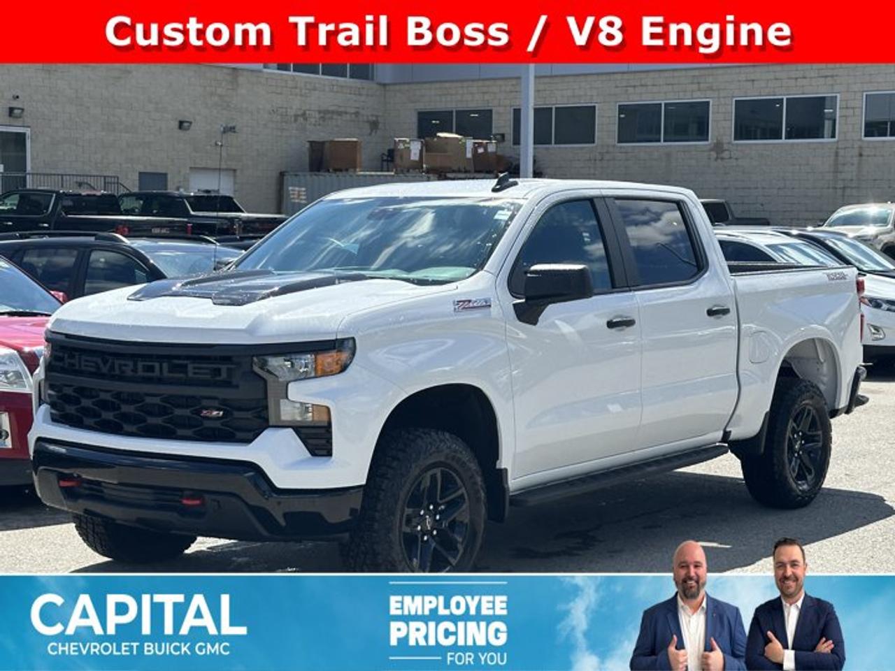 This Chevrolet Silverado 1500 delivers a Gas V8 5.3L/325 engine powering this Automatic transmission. ENGINE, 5.3L ECOTEC3 V8 (355 hp [265 kW] @ 5600 rpm, 383 lb-ft of torque [518 Nm] @ 4100 rpm); featuring available Dynamic Fuel Management that enables the engine to operate in 17 different patterns between 2 and 8 cylinders, depending on demand, to optimize power delivery and efficiency, Wireless phone projection for Apple CarPlay and Android Auto, Windows, power rear, express down.*This Chevrolet Silverado 1500 Comes Equipped with These Options *Window, power front, passenger express down, Window, power front, drivers express up/down, Wi-Fi Hotspot capable (Terms and limitations apply. See onstar.ca or dealer for details.), Wheels, 18 x 8.5 (45.7 cm x 21.6 cm) High gloss Black painted aluminum, Wheel, 17 x 8 (43.2 cm x 20.3 cm) full-size, steel spare, USB ports, rear, dual, charge-only, USB Ports, 2, Charge/Data ports located on the instrument panel, Transfer case, two-speed electronic Autotrac with push button control (4WD models only), Tires, LT275/65R18C blackwall Goodyear Wrangler Territory MT, Tire, spare 265/70R17SL all-season, blackwall.* Stop By Today *A short visit to Capital Chevrolet Buick GMC Inc. located at 13103 Lake Fraser Drive SE, Calgary, AB T2J 3H5 can get you a tried-and-true Silverado 1500 today!