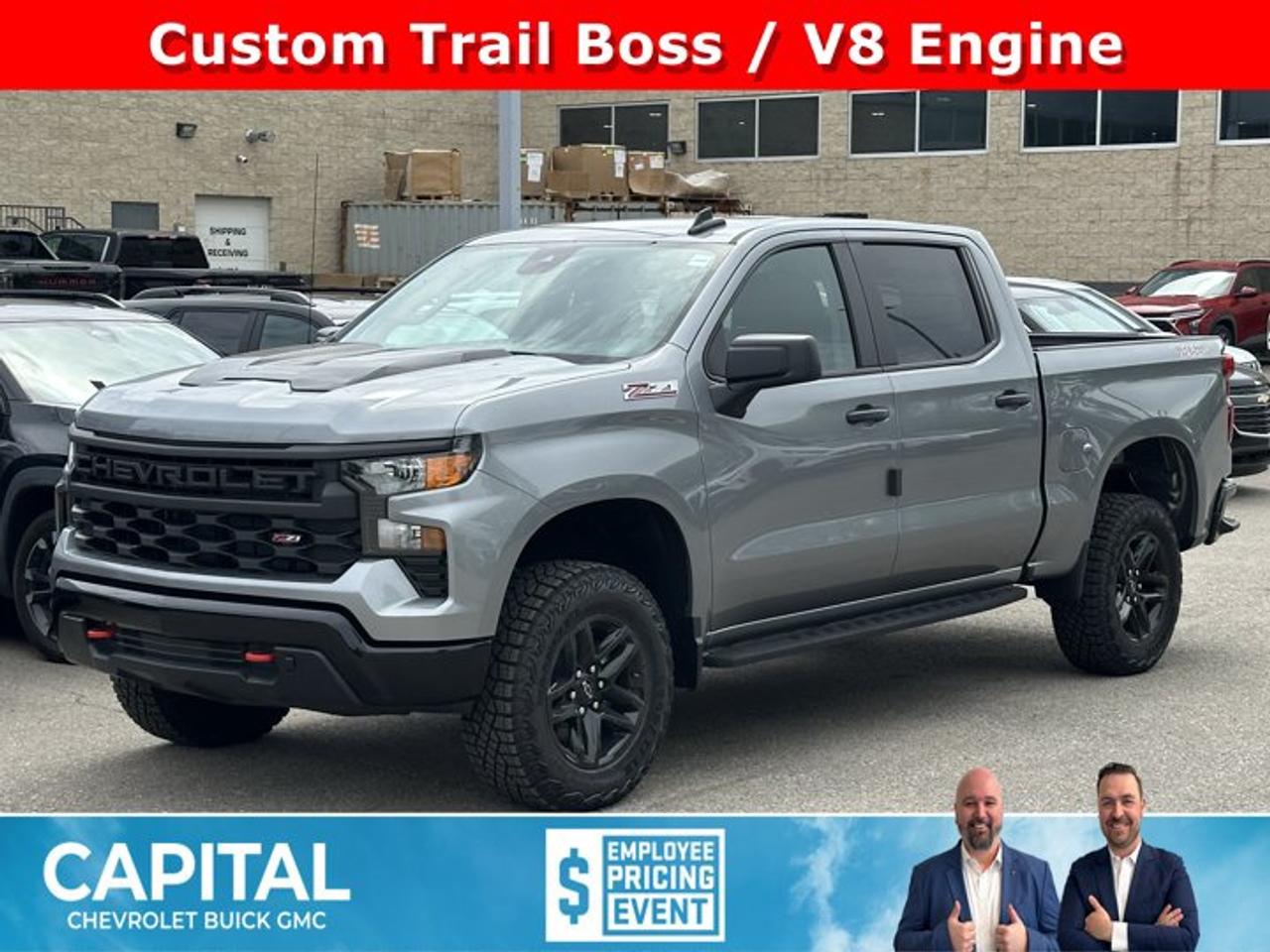 This Chevrolet Silverado 1500 boasts a Gas V8 5.3L/325 engine powering this Automatic transmission. ENGINE, 5.3L ECOTEC3 V8 (355 hp [265 kW] @ 5600 rpm, 383 lb-ft of torque [518 Nm] @ 4100 rpm); featuring available Dynamic Fuel Management that enables the engine to operate in 17 different patterns between 2 and 8 cylinders, depending on demand, to optimize power delivery and efficiency, Wireless phone projection for Apple CarPlay and Android Auto, Windows, power rear, express down.*This Chevrolet Silverado 1500 Comes Equipped with These Options *Window, power front, passenger express down, Window, power front, drivers express up/down, Wi-Fi Hotspot capable (Terms and limitations apply. See onstar.ca or dealer for details.), Wheels, 18 x 8.5 (45.7 cm x 21.6 cm) High gloss Black painted aluminum, Wheel, 17 x 8 (43.2 cm x 20.3 cm) full-size, steel spare, USB ports, rear, dual, charge-only, USB Ports, 2, Charge/Data ports located on the instrument panel, Transfer case, two-speed electronic Autotrac with push button control (4WD models only), Tires, LT275/65R18C blackwall Goodyear Wrangler Territory MT, Tire, spare 265/70R17SL all-season, blackwall.* Visit Us Today *Come in for a quick visit at Capital Chevrolet Buick GMC Inc., 13103 Lake Fraser Drive SE, Calgary, AB T2J 3H5 to claim your Chevrolet Silverado 1500!