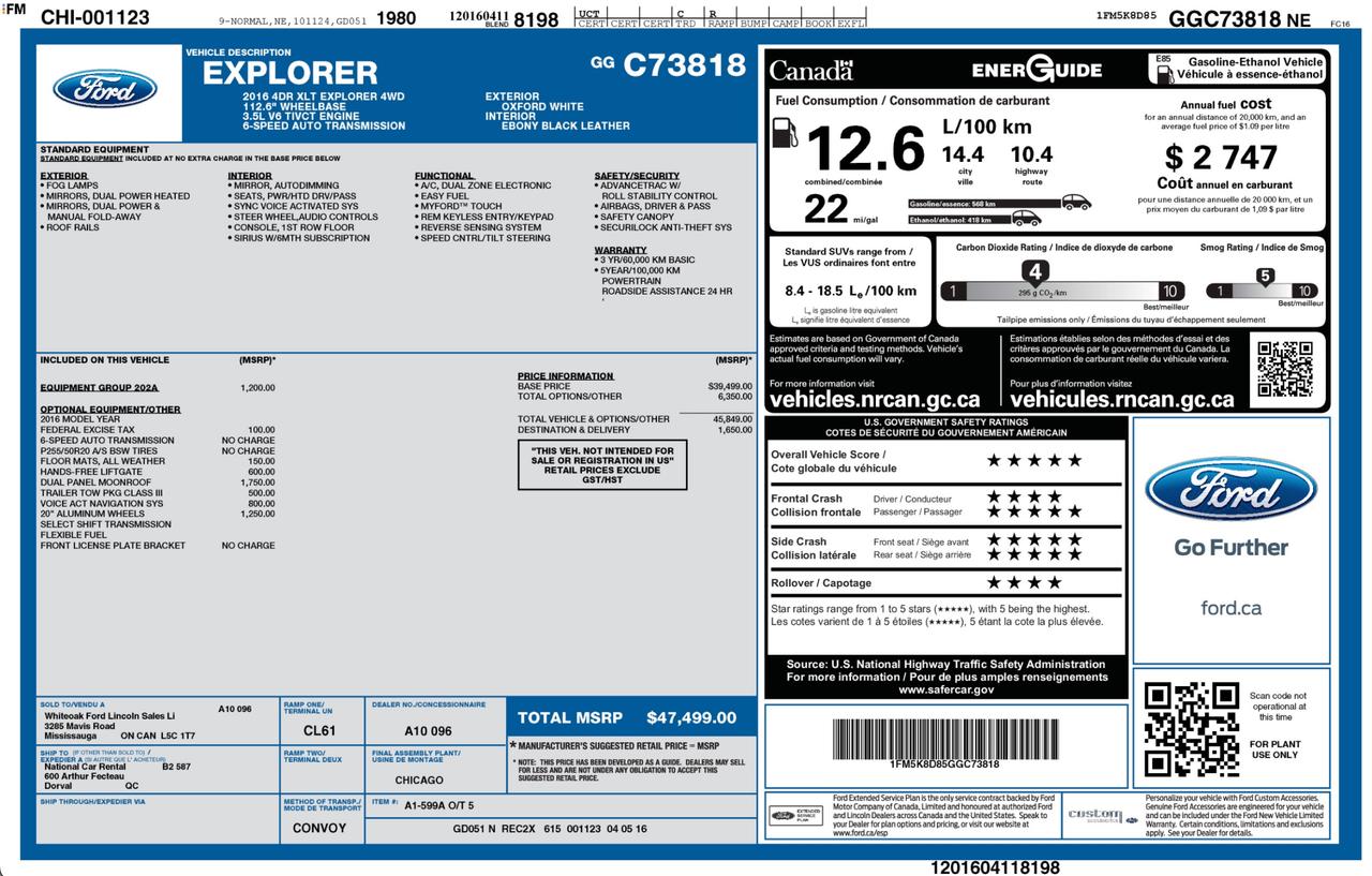 2016 Ford Explorer XLT 202A|BLACK LEATHER HEATED BKT STS|V6|WHLS 20|MOON Photo