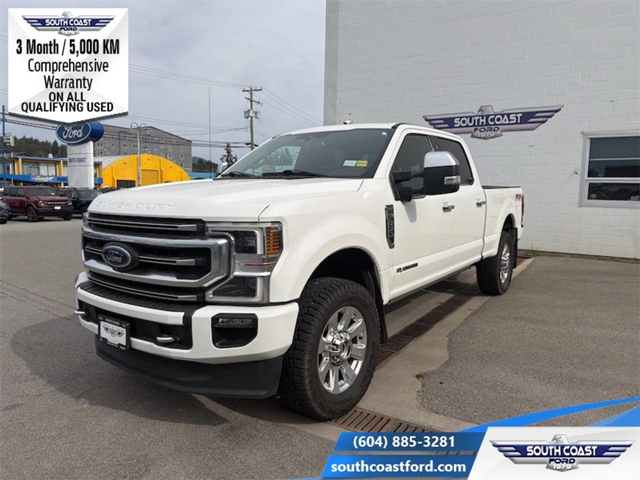 <b>Power Stroke, Leather Seats, FX4 Off-Road Package, Sunroof, Spray-in Bedliner!</b><br> <br> <p style=color:Blue;><b>Upgrade your ride at South Coast Ford with peace of mind! Our used vehicles come with a minimum of 5,000 km and 3 months of Comprehensive Vehicle Warranty. Drive with confidence knowing your investment is protected.</b></p><br> <br> Compare at $70030 - Our Price is just $67990! <br> <br>If you have the need to haul or tow heavy loads, this Ford F-350 should be at the top of your consideration list. This 2020 Ford F-350 Super Duty is for sale today in Sechelt.<br> <br>High-strength, military grade aluminum construction in the body of this F-350 cuts out weight without sacrificing toughness. That weight reduction was reinvested in a fully boxed frame and stronger axles and chassis components. That brilliant engineering doesnt stop in the frame and body - the drivetrain at the heart of this Super Duty delivers the power and torque you need to get the job done. This truck is strong, comfortable, and will fit perfectly into any fleet.<br> <br>This sought after diesel Crew Cab 4X4 pickup has 136,902 km. Its Star White Metallic Tri-Coat in colour and is completely accident free based on the <a href=https://vhr.carfax.ca/?id=85QPPWEHR3Ua6+QiOMcJr7BvIVVjiKvi target=_blank>CARFAX Report</a>. It has a 10 Speed Automatic transmission and is powered by a 475HP 6.7L 8 Cylinder Engine. <br> <br> Our F-350 Super Dutys trim level is Platinum. Upgrading to this ultra premium F-350 Platinum edition is a great choice as it comes fully loaded with exclusive polished aluminum wheels, unique premium leather seats that are heated and cooled, a Bang & Olufsen 10 speaker audio system with SiriusXM radio, painted and chrome exterior accents with a built-in rear bumper step, a Class V trailer hitch and power extendable trailer style mirrors. This impressive truck also includes a colour touchscreen with built-in navigation and SYNC 3 featuring Apple CarPlay and Android Auto, LED auto headlights, power running boards, power front seats and heated rear seats, a useful driver door keypad, 360 degree camera with rear parking sensors, a leather heated steering wheel, dual zone climate control, blind spot detection, lane departure warning, power adjustable pedals and so much more! This vehicle has been upgraded with the following features: Power Stroke, Leather Seats, FX4 Off-Road Package, Sunroof, Spray-in Bedliner, Gooseneck Hitch Kit.<br> To view the original window sticker for this vehicle view this <a href=http://www.windowsticker.forddirect.com/windowsticker.pdf?vin=1FT8W3BT9LEC25549 target=_blank>http://www.windowsticker.forddirect.com/windowsticker.pdf?vin=1FT8W3BT9LEC25549</a>. <br/><br> <br>To apply right now for financing use this link: <a href=https://www.southcoastford.com/financing/ target=_blank>https://www.southcoastford.com/financing/</a><br> <br/>Buy this vehicle now for the lowest bi-weekly payment of <b>$567.27</b> with $0 down for 84 months @ 7.99% APR O.A.C. (All rates are OAC. Check with our team for rate specials on new and used vehicles. Banks will have financed minimum amounts for certain rates. / Total Obligation of $92941 ). See dealer for details. <br><br>Call South Coast Ford Sales or come visit us in person. Were convenient to Sechelt, BC and located at 5606 Wharf Avenue. and look forward to helping you with your automotive needs.<br><br> Come by and check out our fleet of 20+ used cars and trucks and 100+ new cars and trucks for sale in Sechelt.  o~o