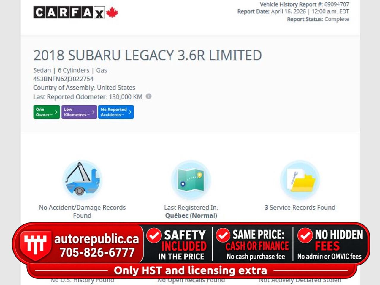 2018 Subaru Legacy 3.6R Limited Certified Loaded One Owner No Acciden Photo