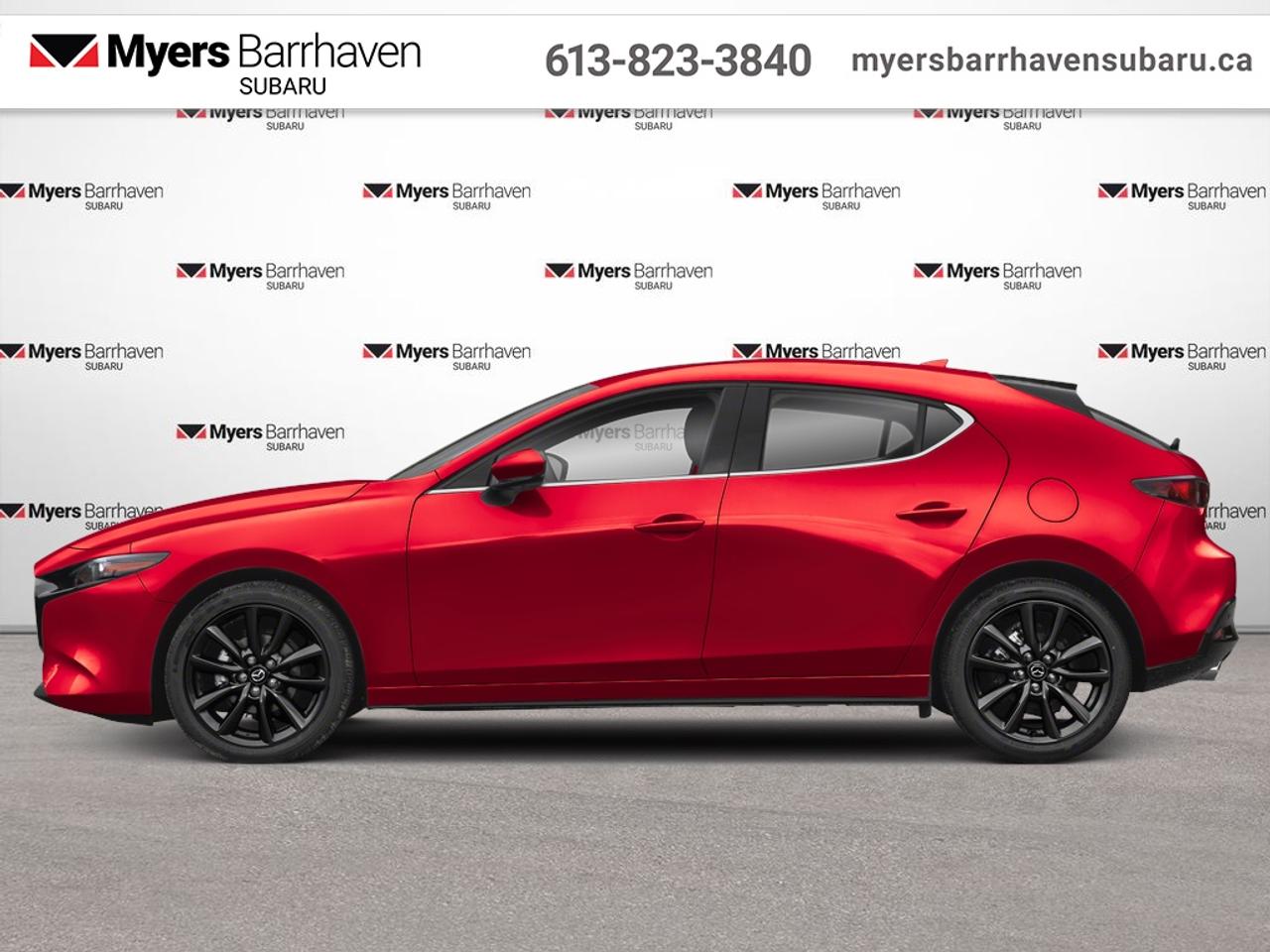 <b>Low Mileage, Leather Seats!</b><br> <br> This 2025 Mazda3 demonstrates that performance goes further than just power  its about an engaging, responsive drive that connects you to the road. This 2025 Mazda Mazda3 Sport is fresh on our lot in Nepean.<br> <br>Like all Mazdas, this 2025 Mazda3 Sport was built with one thing in mind: you. Born from an obsession with creating beautiful vehicles and expressed through design language called Kodo: which means Soul of Motion Mazda aimed to capture movement, even while standing still. Stepping inside its elegant and airy cabin, youll feel right at home with ultra comfortable seats, a perfectly positioned steering wheel, and top notch technology for the modern era.<br> <br>This low mileage hatchback has just 10,840 km. Its Soul Red Crystal Metallic in colour and is completely accident free based on the <a href=https://vhr.carfax.ca/?id=QOa//p8XoP5HG6kVWPGItcrbqHRXV5kV target=_blank>CARFAX Report</a>. It has an Automatic transmission and is powered by a 191HP 2.5L 4 Cylinder Engine. <br> <br> Our Mazda3 Sports trim level is GT i-ACTIV AWD. Step up to this GT i-ACTIV trim and be rewarded with a glass sunroof, Bose Premium audio, a drivers head up display and a surround camera system. Also standard include adaptive cruise control, dual-zone climate control, heated leather-trimmed seats with a heated steering, inbuilt navigation, Apple CarPlay and Android Auto. Safety features also include lane keeping assist with lane departure warning, blind spot monitoring with rear cross traffic alert, forward and rear collision mitigation, and a rearview camera. This vehicle has been upgraded with the following features: Leather Seats.<br> <br>To apply right now for financing use this link: <a href=https://www.myersbarrhavensubaru.ca/quick-approval/ target=_blank>https://www.myersbarrhavensubaru.ca/quick-approval/</a><br> <br/><br><br> The Myers name has been synonymous with first-rate automotive service and products for over 80 years in Ottawa; we are happy to welcome you here to <b> Myers Barrhaven Subaru </b> the unbeatable Subaru dealer in Ottawa and the National Capital Region. Serving drivers as the premier Subaru dealership near Kanata, Orléans, Gatineau, QC and Vanier region, we offer a wide range of new and used offerings from Subaru. If youre in the market for a full range of Subaru cars and Subaru SUVs for sale in Ottawa. </br> o~o