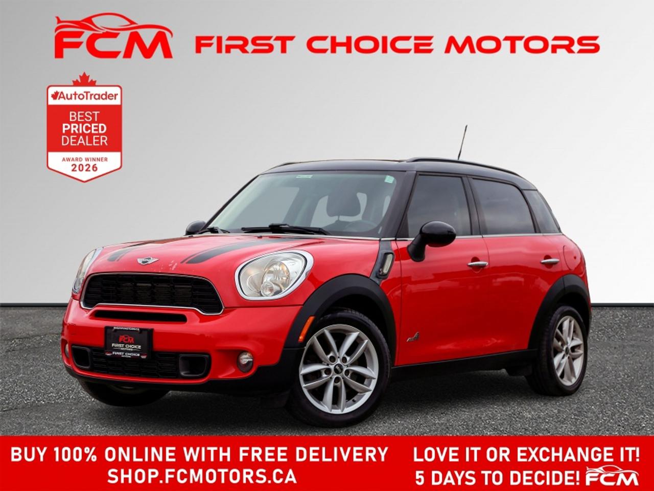 ** ** SPECIAL LIMITED TIME OFFER ** ** PURCHASE ANY VEHICLE THIS WEEK AND RECEIVE 4 BRAND-NEW ALL-SEASON TIRES AT NO ADDITIONAL COST!!! DON   T MISS THIS EXCLUSIVE CHANCE TO UPGRADE YOUR RIDE AND STAY PREPARED FOR ANY WEATHER!!! <br><br>EXCITING NEWS FROM FIRST CHOICE MOTORS! Our brand-new online showroom is now open to the public, bringing the ultimate car shopping experience right to your fingertips! Enjoy a 100% online car shopping experience, with over 500 certified vehicles in stock, comprehensive protection plans, and thousands of new auto parts & accessories available! Plus, for a limited time, were offering FREE deliveries across Ontario on all vehicle purchases! Dont miss out   visit Shop.fcmotors.ca to find and upgrade your perfect vehicle today!<br><br>Welcome to First Choice Motors, the largest car dealership in Toronto of pre-owned cars, SUVs, and vans priced between $5000-$15,000. With an impressive inventory of over 300 vehicles in stock, we are dedicated to providing our customers with a vast selection of affordable and reliable options. <br><br>Were thrilled to offer a used 2011 Mini Cooper S ALL4, red color with 161,000km (STK#9774) This vehicle was $6990 NOW ON SALE FOR $5990. It is equipped with the following features:<br>- Manual Transmission<br>- Heated seats<br>- Alloy wheels<br>- Power windows<br>- Power locks<br>- Power mirrors<br>- Air Conditioning<br><br>At First Choice Motors, we believe in providing quality vehicles that our customers can depend on. All our vehicles come with a 36-day guarantee on all safety related items. We also offer additional warranty options up to 5 years for our customers who want extra peace of mind.<br><br>Furthermore, all our vehicles are sold fully certified with brand new brakes rotors and pads, a fresh oil change, and brand new set of all-season tires installed & balanced. You can be confident that this car is in excellent condition and ready to hit the road.<br><br>At First Choice Motors, we believe that everyone deserves a chance to own a reliable and affordable vehicle. Thats why we offer financing options with low interest rates starting at 7.9% O.A.C. Were proud to approve all customers, including those with bad credit, no credit, students, and even 9 socials. Our finance team is dedicated to finding the best financing option for you and making the car buying process as smooth and stress-free as possible.<br><br>Our dealership is open 7 days a week to provide you with the best customer service possible. We carry the largest selection of used vehicles for sale under $9990 in all of Ontario. We stock over 300 cars, mostly Hyundai, Chevrolet, Mazda, Honda, Volkswagen, Toyota, Ford, Dodge, Kia, Mitsubishi, Acura, Lexus, and more. With our ongoing sale, you can find your dream car at a price you can afford. Come visit us today and experience why we are the best choice for your next used car purchase!<br><br>All prices include $22.00 OMVIC Fee.  Excludes, license plates, ownership registration and ONTARIO HST (13%)<br>*No Credit Card payments can be accepted for Vehicle Purchases*