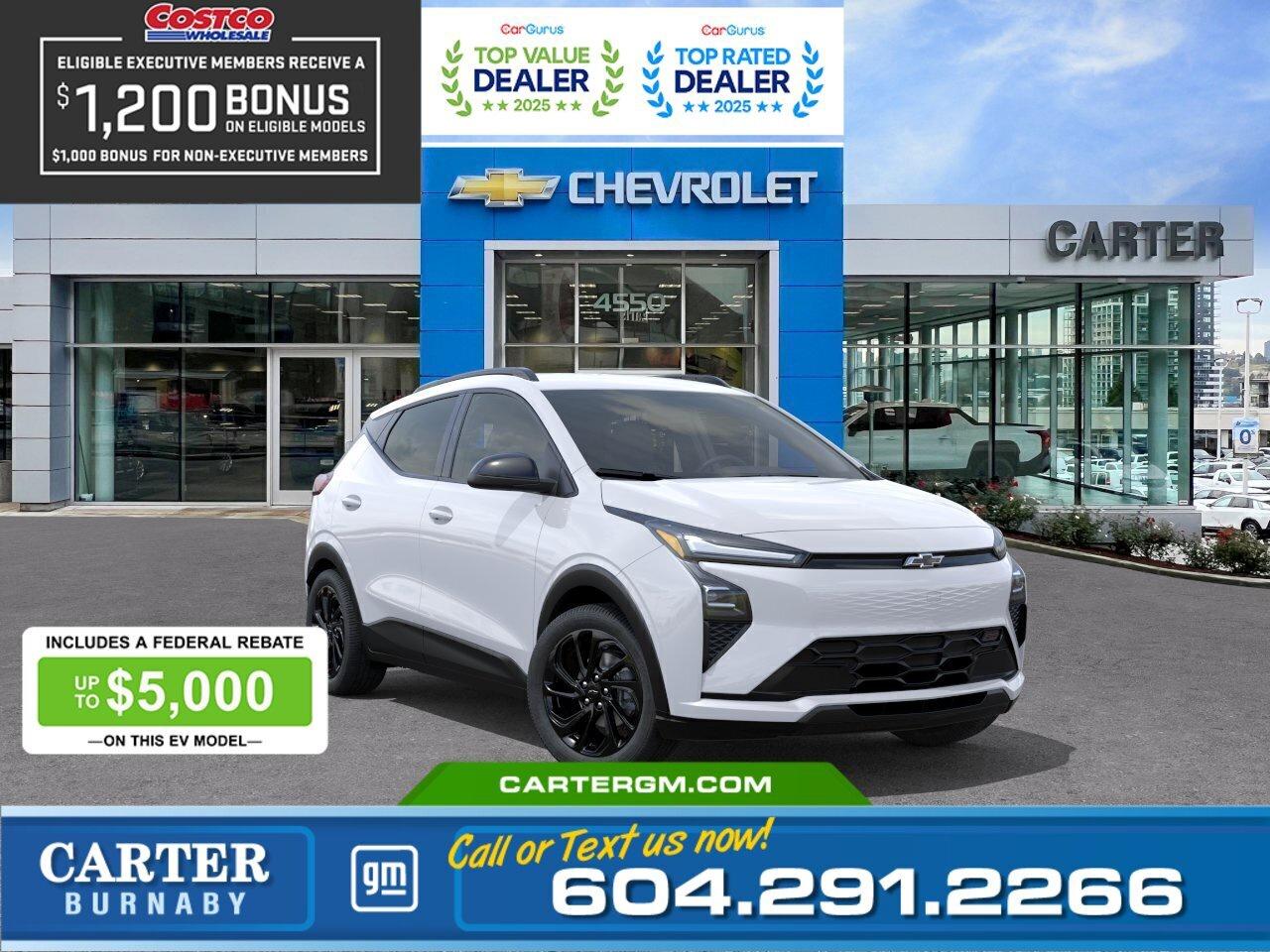 Drive Electric and Save Big! Get up to $9,000 in combined SAVINGS on your new EV through Manufacturer and Federal EVAP rebates! Upgrade to an EV today and maximize your savings with limited-time rebate funding. Eligibility: Final transaction price must not exceed $50,000 (before taxes and fees) and rebates subject to program availability and approval.  Plus, for a limited time, exclusive savings are back for Costco members! Receive a $1,200 Executive Member Bonus or a $1,000 Non-Executive Member Bonus on select models.  Drive the future with this 2027 Chevrolet Bolt RS FWD, a sporty all-electric hatchback designed for efficiency and everyday excitement. With an impressive 422 km driving range, its ready for both city commutes and weekend adventures. Enjoy comfort with an 8-way power driver seat and heated power-adjustable mirrors. Advanced safety features like Front Pedestrian and Bicyclist Braking, Reverse Automatic Braking, Rear Cross Traffic Braking, Blind Zone Steering Assist, Side Bicyclist Alert, and StabiliTrak stability control help keep you confident on every drive.  Come take it for a test drive today and experience all this stylish vehicle has to offer!  WHY CARTER GM BURNABY?  - An unrivalled vehicle purchasing experience! - Exceeding our loyal customers expectations since 1963 - 4.5 Google star rating with 2,300+ customer reviews) - CarGurus Top-Rated Dealer 2025 Award - CarGurus Top Value Dealer 2025 Award - Vehicle trades welcome! Best price guaranteed! - We provide upfront pricing, zero hidden fees, and 100% transparency - Fast approvals and 99% acceptance rates (no matter your current credit status!) - Multilingual staff (many languages spoken) - Comfortable non-pressured environment with in-store television, WIFI and a childrens play area! - In-store restaurant: fresh daily menu        Were here to help you drive the vehicle you want, the vehicle you deserve! QUESTIONS? GREAT! WEVE GOT ANSWERS! To speak with a friendly vehicle specialist - CALL NOW! The advertised price includes all standard dealer fees and any applicable manufacturer or dealer incentives. It does not include applicable taxes, licensing, insurance, or optional products or services. Dealer fees will be clearly broken out and itemized on the bill of sale, maximum total of fees $595.00. Prices are shown in Canadian dollars. While we make every effort to ensure accuracy, vehicle details, pricing, options, and availability are subject to change without notice. Please confirm all information with dealership sales management before purchase. Dealer Code: 81129