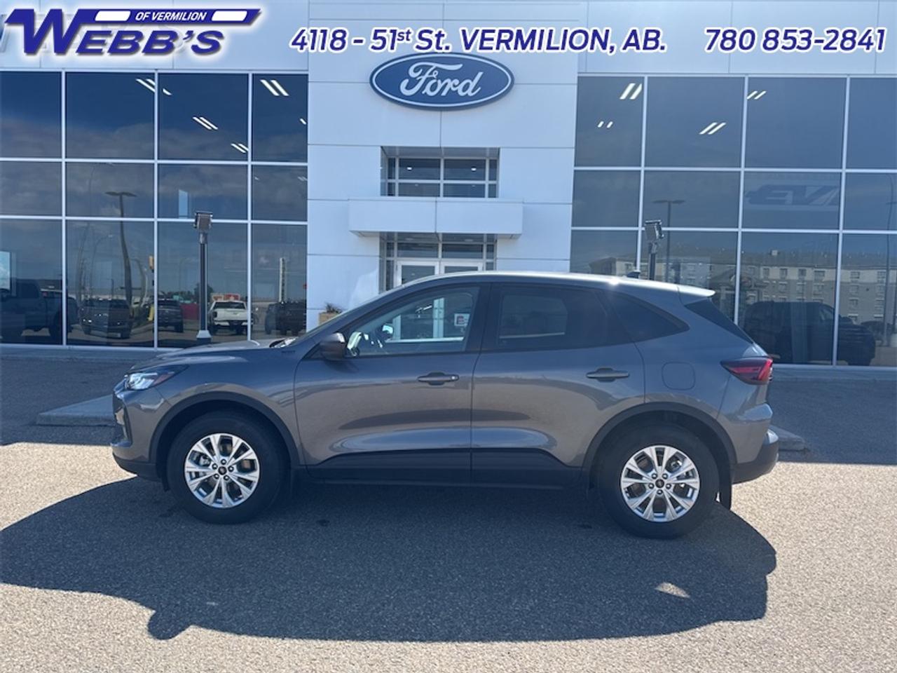 <b>Low Mileage, Heated Seats, Cold Weather Package, Heated Steering Wheel, Remote Engine Start, Power Liftgate!</b><br> <br> With limitless capability, this Ford Escape is ready for wherever your next adventure takes you. This 2025 Ford Escape is for sale today in Vermilion.<br> <br>This Ford Escape was built for an active lifestyle and offers plenty of options for you to hit the road in your own individual style. Whether you need a family SUV for soccer practice, a capable adventure vehicle, or both, the versatile Ford Escape has you covered. Built for those who live on the go, the 2025 Ford Escape is made to be unstoppable.<br> <br>This low mileage SUV has just 1,622 km. Stock number 8394A is Carbonized Grey Metallic in colour. It has a 8 Speed Automatic transmission and is powered by a 180HP 1.5L 3 Cylinder Engine. <br> <br> Our Escapes trim level is Active. Immensely practical and stylish, this Ford Escape Active packs amazing standard features such as a power-operated liftgate for rear cargo access, LED headlights with automatic high beams, an 8-inch infotainment screen powered by SYNC 4 with wireless Apple CarPlay and Android Auto, FordPass Connect with 4G mobile internet hotspot access, and proximity keyless entry with push button start. Road safety features include blind spot detection, pre-collision assist with automatic emergency braking and a back-up camera, lane keeping assist, lane departure warning, and front and rear collision mitigation. Additional features include dual-zone climate control, front and rear cupholders, smart device remote engine start, and even more. This vehicle has been upgraded with the following features: Heated Seats, Cold Weather Package, Heated Steering Wheel, Remote Engine Start, Power Liftgate, Tech Package, Lane Assist.<br> To view the original window sticker for this vehicle view this <a href=http://www.windowsticker.forddirect.com/windowsticker.pdf?vin=1FMCU9GNXSUB09953 target=_blank>http://www.windowsticker.forddirect.com/windowsticker.pdf?vin=1FMCU9GNXSUB09953</a>. <br/><br> <br>To apply right now for financing use this link: <a href=https://www.webbsford.com/financing/ target=_blank>https://www.webbsford.com/financing/</a><br> <br/><br>Webbs Ford is located at 4118 51st in beautiful Vermilion, AB. <br/>We offer superior sales and service for our valued customers and are committed to serving our friends and clients with the best services possible. If you are looking to set up a test drive in one of our pre owned vehicles or looking to inquire about financing options, please call (780) 853-2841 and speak to one of our professional staff members today.   Vehicle pricing offer shown expires 2026-08-31.  o~o