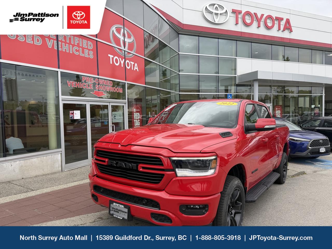 Local BC vehicle, with good service history and complete safety check and reconditioning has been done it.

Ram 1500 Sport is aggressive and bold, it comes with some safety features as follows:
Airbag system with advanced technology
Rearview mirror with auto-dimming
Automatic Stability Control
Hill Start Assistance
Braking on Ready Alert
Sway control for trailers
Rain Brake Support
Reverse Camera
Forward Collision Warning with Active Braking

The Entertainment Technology:
Standard on the Sport trim is a 12-inch touchscreen infotainment system equipped with the Uconnect 5 NAV Multimedia Center. Besides Apples CarPlay and Android Auto capabilities, the system has Bluetooth capability and SiriusXM radio. Within the cabin, youll also find two USB ports.



Jim Pattison Toyota Surrey sells & services new & used Toyota vehicles throughout the Lower Mainland. Financing available OAC.  TEXT our sales team directly at (604) 265-9043

Price includes documentation fee ($595) and VSA Transaction Levy ($10). Finance placement fee ($395) if applicable, GST and PST are additional. D#6701