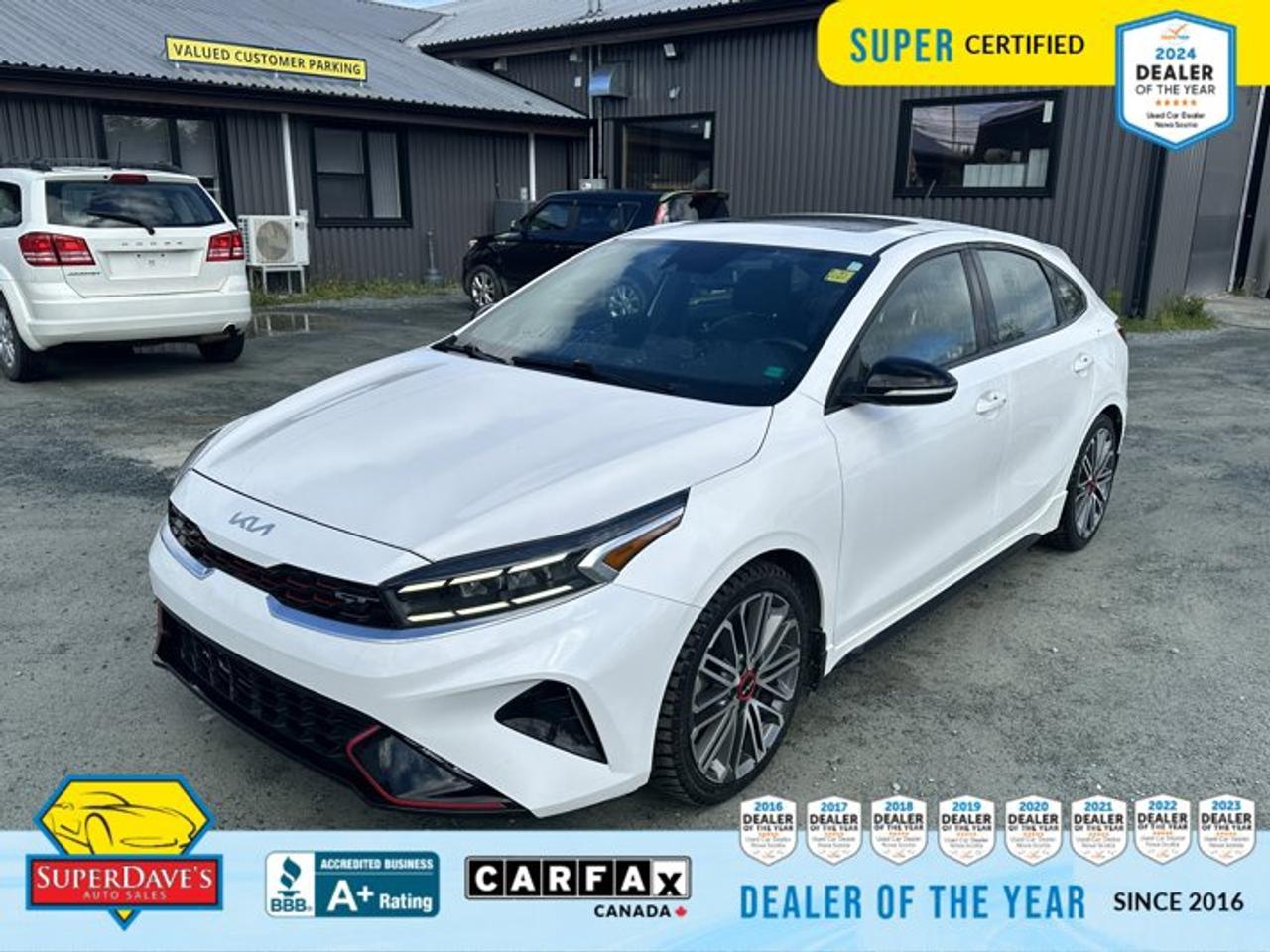 Meet this 2023 Kia Forte GT   a Super Certified, performance-minded compact that blends sporty punch with everyday comfort. Priced at $23,995 and showing 84,612 km on the clock, this Forte GT features a turbocharged 1.6 L 4-cylinder paired with a responsive 7-speed Auto-Shift Manual, delivering lively acceleration and engaging shifts for drivers who want fun without compromise. The white exterior, aluminum wheels, rear spoiler and LED headlights give it a sharp, athletic presence, while performance tires and four-wheel disc brakes add confident stopping power and control.<br><p>THE SUPER DAVES ADVANTAGE</p> <p>BUY REMOTE - No need to visit the dealership. Through email, text, or a phone call, you can complete the purchase of your next vehicle all without leaving your house!</p> <p>DELIVERED TO YOUR DOOR - Your new car, delivered straight to your door! When buying your car with Super Daves, well arrange a fast and secure delivery. Just pick a time that works for you and well bring you your new wheels!</p> <p>PEACE OF MIND WARRANTY - Every vehicle we sell comes backed with a warranty so you can drive with confidence.</p> <p>EXTENDED COVERAGE - Get added protection on your new car and drive confidently with our selection of competitively priced extended warranties.</p> <p>WE ACCEPT TRADES - We&rsquo;ll accept your trade for top dollar! We&rsquo;ll assess your trade in with a few quick questions and offer a guaranteed value for your ride. We&rsquo;ll even come pick up your trade when we deliver your new car.</p> <p>SUPER CERTIFIED INSPECTION - Every vehicle undergoes an extensive 120 point inspection, that ensure you get a safe, high quality used vehicle every time.</p> <p>FREE CARFAX VEHICLE HISTORY REPORT - If youre buying used, its important to know your cars history. Thats why we provide a free vehicle history report that lists any accidents, prior defects, and other important information that may be useful to you in your decision.</p> <p>METICULOUSLY DETAILED &ndash; Buying used doesn&rsquo;t mean buying grubby. We want your car to shine and sparkle when it arrives to you. Our professional team of detailers will have your new-to-you ride looking new car fresh.</p> <p>(Please note that we make all attempt to verify equipment, trim levels, options, accessories, kilometers and price listed in our ads however we make no guarantees regarding the accuracy of these ads online. Features are populated by VIN decoder from manufacturers original specifications. Some equipment such as wheels and wheels sizes, along with other equipment or features may have changed or may not be present. We do not guarantee a vehicle manual, manuals can be typically found online in the rare event the vehicle does not have one. Please verify all listed information with our dealership in person before purchase. The sale price does not include any ongoing subscription based services such as Satellite Radio. Any software or hardware updates needed to run any of these systems would also be the responsibility of the client. All listed payments are OAC which means On Approved Credit and are estimated without taxes and fees as these may vary from deal to deal, taxes and fees are extra. As these payments are based off our lenders best offering they may be subject to change without notice. Please ensure this vehicle is ready to be viewed at the dealership by making an appointment with our sales staff. We cannot guarantee this vehicle will be on premises and ready for viewing unless and appointment has been made.)</p>