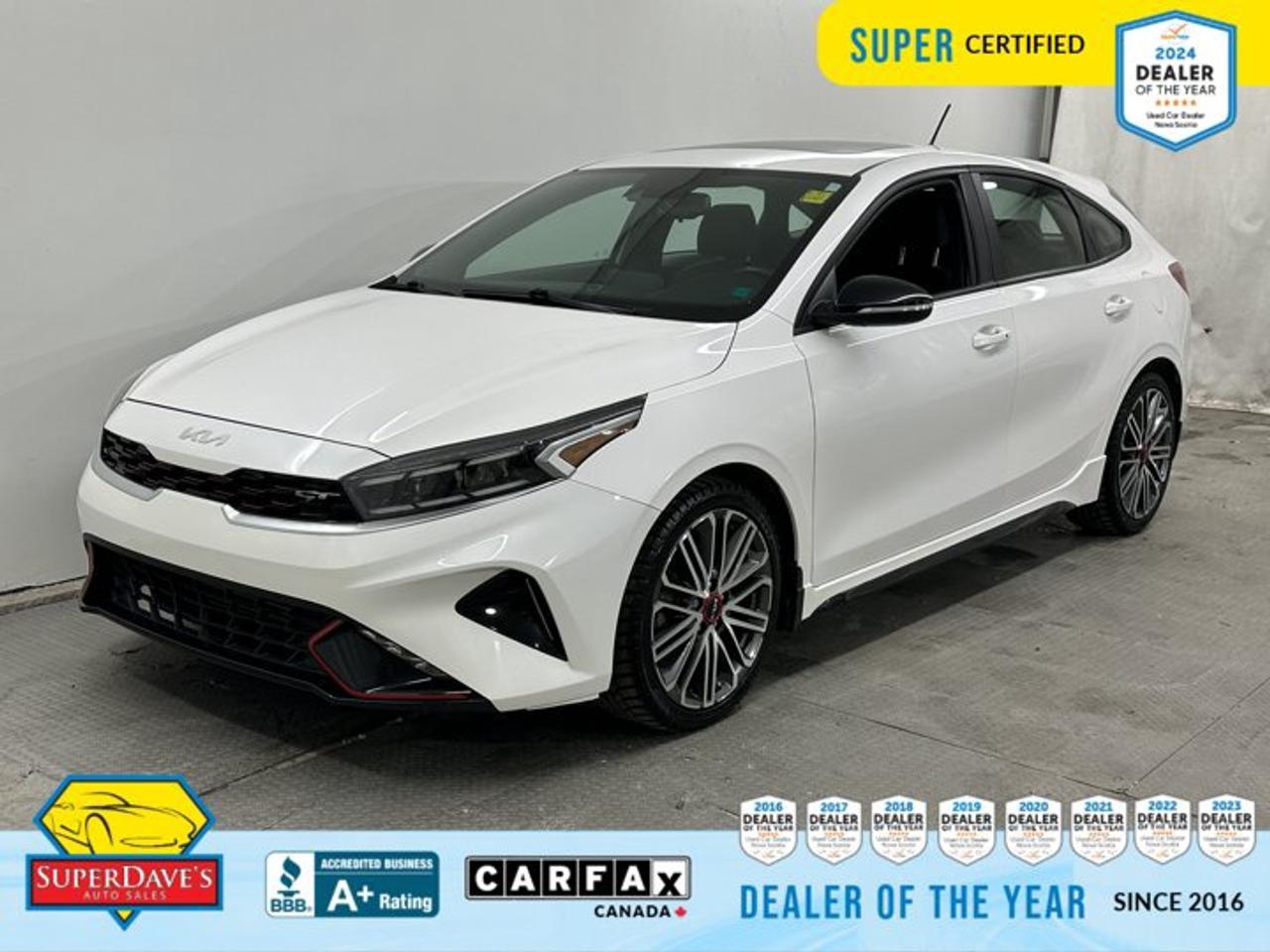 Meet this 2023 Kia Forte GT   a Super Certified, performance-minded compact that blends sporty punch with everyday comfort. Priced at $23,995 and showing 84,612 km on the clock, this Forte GT features a turbocharged 1.6 L 4-cylinder paired with a responsive 7-speed Auto-Shift Manual, delivering lively acceleration and engaging shifts for drivers who want fun without compromise. The white exterior, aluminum wheels, rear spoiler and LED headlights give it a sharp, athletic presence, while performance tires and four-wheel disc brakes add confident stopping power and control.<br><p>THE SUPER DAVES ADVANTAGE</p> <p>BUY REMOTE - No need to visit the dealership. Through email, text, or a phone call, you can complete the purchase of your next vehicle all without leaving your house!</p> <p>DELIVERED TO YOUR DOOR - Your new car, delivered straight to your door! When buying your car with Super Daves, well arrange a fast and secure delivery. Just pick a time that works for you and well bring you your new wheels!</p> <p>PEACE OF MIND WARRANTY - Every vehicle we sell comes backed with a warranty so you can drive with confidence.</p> <p>EXTENDED COVERAGE - Get added protection on your new car and drive confidently with our selection of competitively priced extended warranties.</p> <p>WE ACCEPT TRADES - We&rsquo;ll accept your trade for top dollar! We&rsquo;ll assess your trade in with a few quick questions and offer a guaranteed value for your ride. We&rsquo;ll even come pick up your trade when we deliver your new car.</p> <p>SUPER CERTIFIED INSPECTION - Every vehicle undergoes an extensive 120 point inspection, that ensure you get a safe, high quality used vehicle every time.</p> <p>FREE CARFAX VEHICLE HISTORY REPORT - If youre buying used, its important to know your cars history. Thats why we provide a free vehicle history report that lists any accidents, prior defects, and other important information that may be useful to you in your decision.</p> <p>METICULOUSLY DETAILED &ndash; Buying used doesn&rsquo;t mean buying grubby. We want your car to shine and sparkle when it arrives to you. Our professional team of detailers will have your new-to-you ride looking new car fresh.</p> <p>(Please note that we make all attempt to verify equipment, trim levels, options, accessories, kilometers and price listed in our ads however we make no guarantees regarding the accuracy of these ads online. Features are populated by VIN decoder from manufacturers original specifications. Some equipment such as wheels and wheels sizes, along with other equipment or features may have changed or may not be present. We do not guarantee a vehicle manual, manuals can be typically found online in the rare event the vehicle does not have one. Please verify all listed information with our dealership in person before purchase. The sale price does not include any ongoing subscription based services such as Satellite Radio. Any software or hardware updates needed to run any of these systems would also be the responsibility of the client. All listed payments are OAC which means On Approved Credit and are estimated without taxes and fees as these may vary from deal to deal, taxes and fees are extra. As these payments are based off our lenders best offering they may be subject to change without notice. Please ensure this vehicle is ready to be viewed at the dealership by making an appointment with our sales staff. We cannot guarantee this vehicle will be on premises and ready for viewing unless and appointment has been made.)</p>