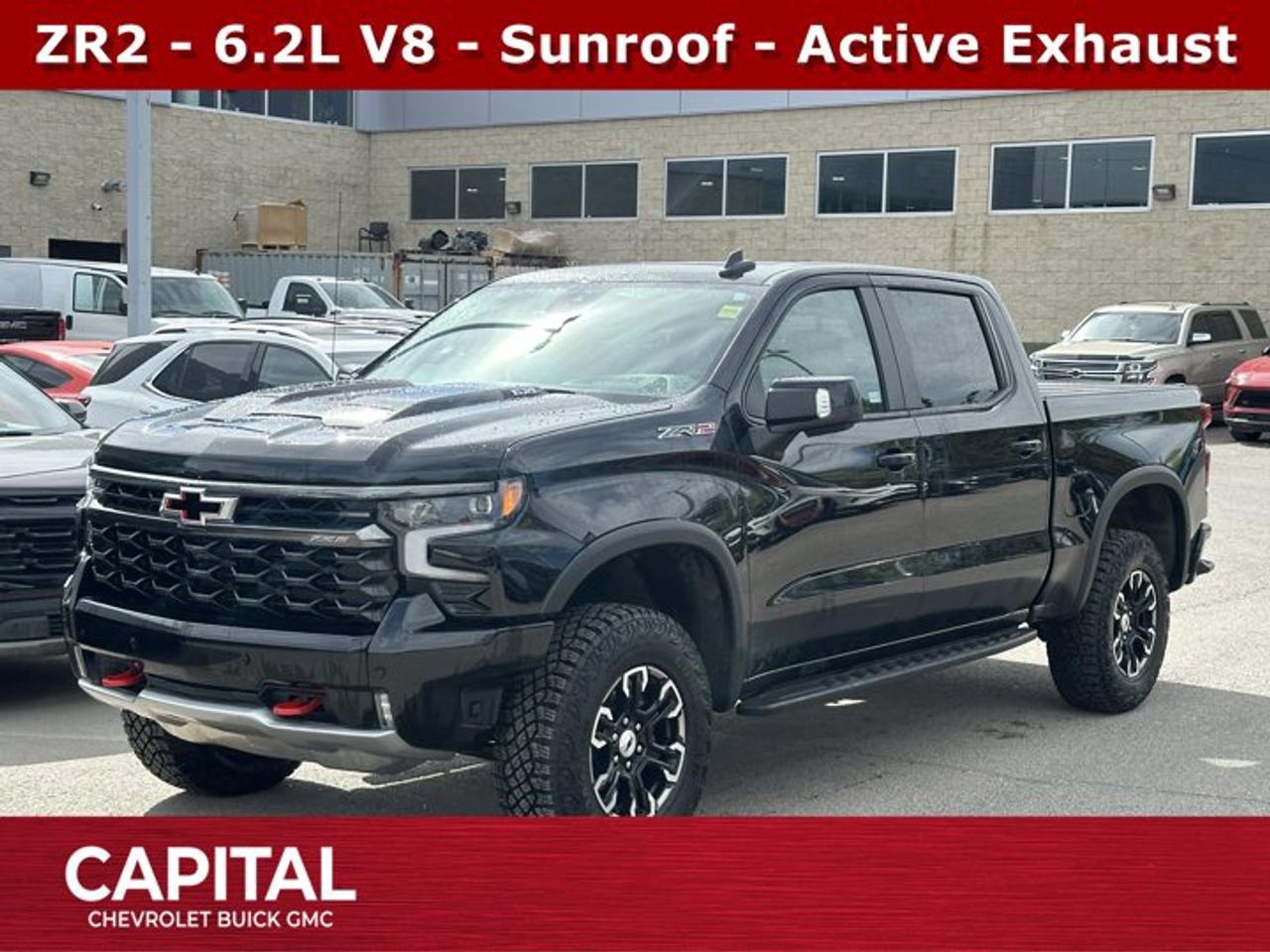 Recent Arrival!Ask for the Internet Department for more information or book your test drive today! Call 403-256-4960 for fast answers at your fingertips! Disclaimer: All prices are plus taxes. See dealer for details. AMVIC Licensed Dealer # B2020028.2026 Silverado 1500 10-Speed Automatic 4WD Silverado 1500 ZR2, EcoTec3 6.2L V8, 4WD, 10-Way Power Driver Seat with Lumbar, 10-Way Power Passenger Seat Adjuster with Lumbar, 12.3 Multicolour Reconfigurable Digital Display, 120-Volt Bed Mounted Power Outlet, 120-Volt Interior Power Outlet, 15 Diagonal Multicolour Head-Up Display, 2 USB Data Ports, 2nd Row Heated Outboard Seats, 3.23 Rear Axle Ratio, Adaptive Cruise Control, All-Weather Floor Liner, Bed View Camera, Bluetooth® For Phone, Chevytec Spray-on Black Bedliner, Colour-Keyed Carpeting Floor Covering, Deep-Tinted Glass, Driver Memory, Dual Rear USB Ports (charge Only), Electric Rear-Window Defogger, Electrical Steering Column Lock, EZ Lift Power Lock and Release Tailgate, Floor Mounted Centre Console, Front Bucket Seats, Front LED Fog Lamps, Front Rainsensing Wipers, HD Surround Vision, Heads-Up Display, Heated Driver and Front Outboard Passenger Seats, Heated front seats, Heated rear seats, Heated Steering Wheel, Heated steering wheel, Heavy-Duty Air Filter, High Gloss Black Mirror Caps, Hill Descent Control, Hitch Guidance, Hitch Guidance with Hitch View, in-Vehicle Trailering System App, Integrated Trailer Brake Controller, Keyless Open and Start, LED Cargo Area Lighting, Multi-Flex Tailgate, OnStar Services Capable, Outside Heated Power-Adjustable Mirrors, Perforated Leather Seat Trim, Performance Red Recovery Hooks, Perimeter Lighting, Power Front Passenger Windows with Express Up/Down, Power Front Windows with Driver Express Up/Down, Power Rear Windows with Express Down, Power Sliding Rear Window with Rear Defogger, Power Sunroof, Power Tilt and Telescoping Steering Column, Preferred Equipment Group 3LT, Premium Bose 7-Speaker Sound System, Rear Camera Mirror, Rear Cross Traffic Braking, Rear Pedestrian Alert, Rear Wheelhouse Liners, Remote Vehicle Starter System, Safety Alert Seat, SiriusXM with 360L Trial Subscription, Steering Wheel Audio Controls, Technology Package, Teen Driver, Theft Deterrent System (unauthorized Entry), Tire Pressure Monitoring System, Trailer Camera Provisions, Trailer Side Blind Zone Alert, Trailering Package, Ultrasonic Front and Rear Park Assist, Universal Home Remote, Up-Level Rear Seat with Storage Package, Ventilated Driver and Front Passenger Seats, Wheels: 18 x 8.5 Aluminum Machined Face, Wi-Fi Hot Spot Capable, Wrapped Steering Wheel, ZR2 Suspension Package.