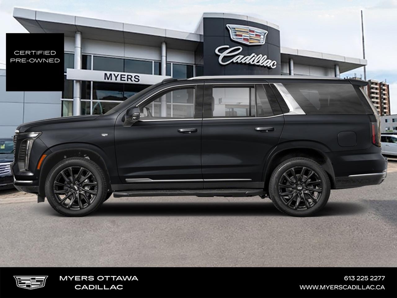 JUST IN - NO LUXURY TAX!!! 2025 ESCALADE PREMIUM WITH TOURING PACKAGE ($4595) 24S ($2075) AND POWER RUNNING BOARDS - ($2015)- BLACK ON BLACK, SUNROOF, SOFT CLOSE DOOR SYSTEM, 33 ALED DISPLAY, 6.2 V8, ALL RECALLS DONE, HEATED AND COOLED SEATS, HEATED POWER FOLD MIRROR, REMOTE START, 360 REAR CAMERA, CERTIFIED, NO ADMIN FEES, ***$14000 REAR END CARFAX, ALL COSEMETIC , REPAIRED AT MYERS CARSTAR ***<br> <br/><br>*LIFETIME ENGINE TRANSMISSION WARRANTY NOT AVAILABLE ON VEHICLES WITH KMS EXCEEDING 140,000KM, VEHICLES 8 YEARS & OLDER, OR HIGHLINE BRAND VEHICLE(eg. BMW, INFINITI. CADILLAC, LEXUS...) o~o