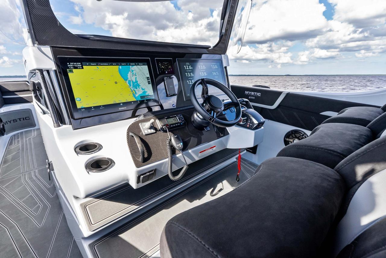 2027 Mystic Powerboats M4200 Center Console High-performance luxury center console is powered by quad 2026 Mercury Racing 500R outboards producing a combined 2,000 HP. Featuring a modified-vee fibreglass hull, joystick control, Seakeeper stabil Photo