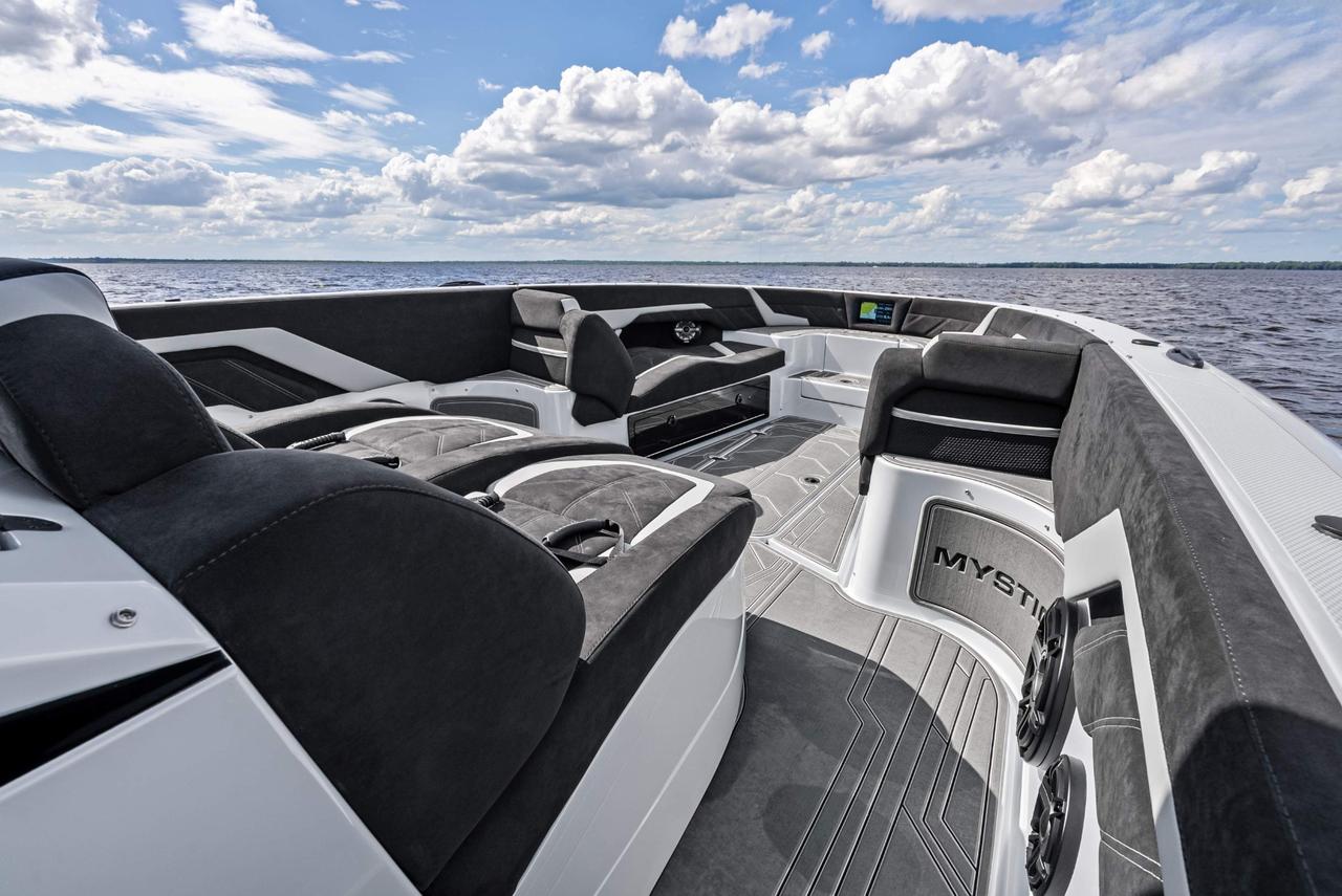 2027 Mystic Powerboats M4200 Center Console High-performance luxury center console is powered by quad 2026 Mercury Racing 500R outboards producing a combined 2,000 HP. Featuring a modified-vee fibreglass hull, joystick control, Seakeeper stabil Photo