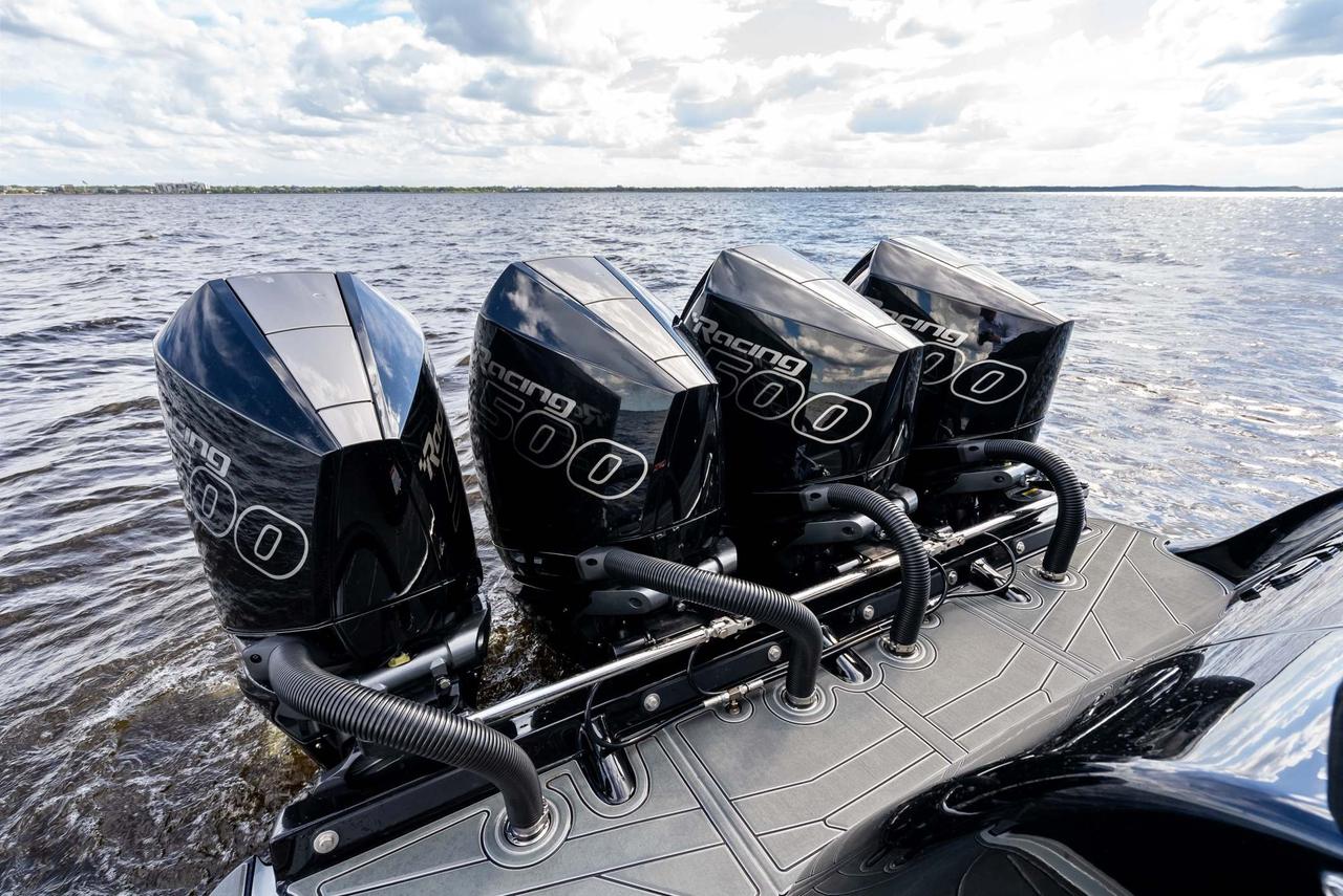 2027 Mystic Powerboats M4200 Center Console High-performance luxury center console is powered by quad 2026 Mercury Racing 500R outboards producing a combined 2,000 HP. Featuring a modified-vee fibreglass hull, joystick control, Seakeeper stabil Photo