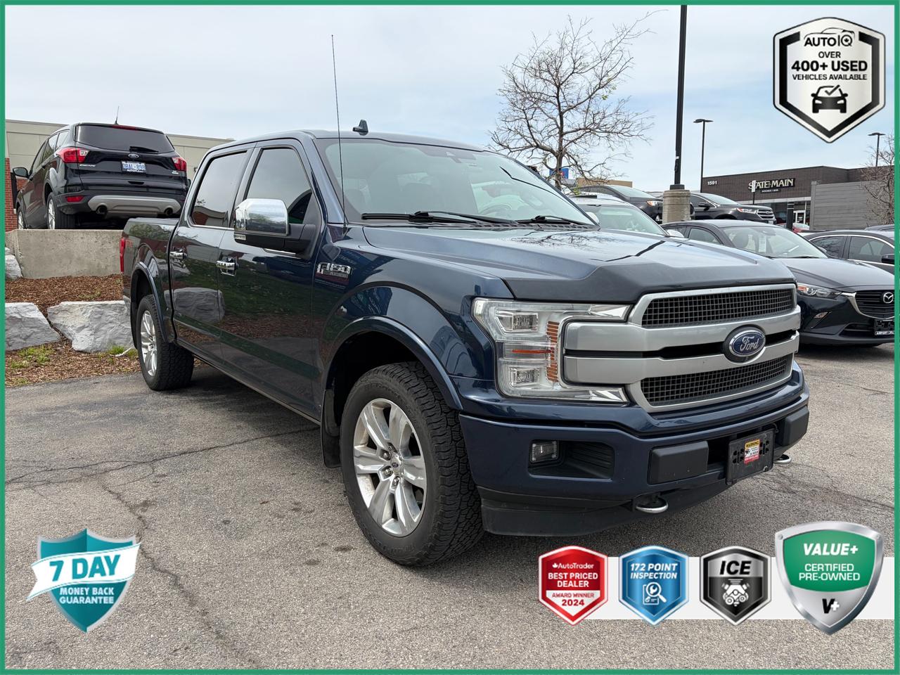 Recent Arrival!<br><br><br>4WD, 4x4 FX4 Off-Road Decal, Active Park Assist, Electronic Locking w/3.31 Axle Ratio, Equipment Group 700A Base, FX4 Off-Road Package, Hill Descent Control, Lane Keeping System w/Alert & Assist, Off-Road Tuned Front Shock Absorbers, Technology Package.<br><br>Blue<br>2019 Ford F-150 Platinum 4D SuperCrew<br>3.5L V6 EcoBoost 10-Speed Automatic<br>4WD<p> </p>

<h4>VALUE+ CERTIFIED PRE-OWNED VEHICLE</h4>

<p>
- 36-point Provincial Safety Inspection<br>
- 172-point inspection combined mechanical, aesthetic, functional inspection including a vehicle report card<br>
- Warranty: 30 Days or 1500 KMS on mechanical safety-related items and extended plans are available<br>
- Complimentary CARFAX Vehicle History Report<br>
- 2X Provincial safety standard for tire tread depth<br>
- 2X Provincial safety standard for brake pad thickness<br>
- 7 Day Money Back Guarantee*<br>
- Market Value Report provided<br>
- Complimentary 3 months SIRIUS XM satellite radio subscription on equipped vehicles<br>
- Complimentary wash and vacuum<br>
- Vehicle scanned for open recall notifications from manufacturer
</p>

<p>SPECIAL NOTE: This vehicle is reserved for AutoIQs retail customers only. Please, No dealer calls. Errors & omissions excepted.</p>

<p>*As-traded, specialty or high-performance vehicles are excluded from the 7-Day Money Back Guarantee Program (including, but not limited to Ford Shelby, Ford mustang GT, Ford Raptor, Chevrolet Corvette, Camaro 2SS, Camaro ZL1, V-Series Cadillac, Dodge/Jeep SRT, Hyundai N Line, all electric models)</p>