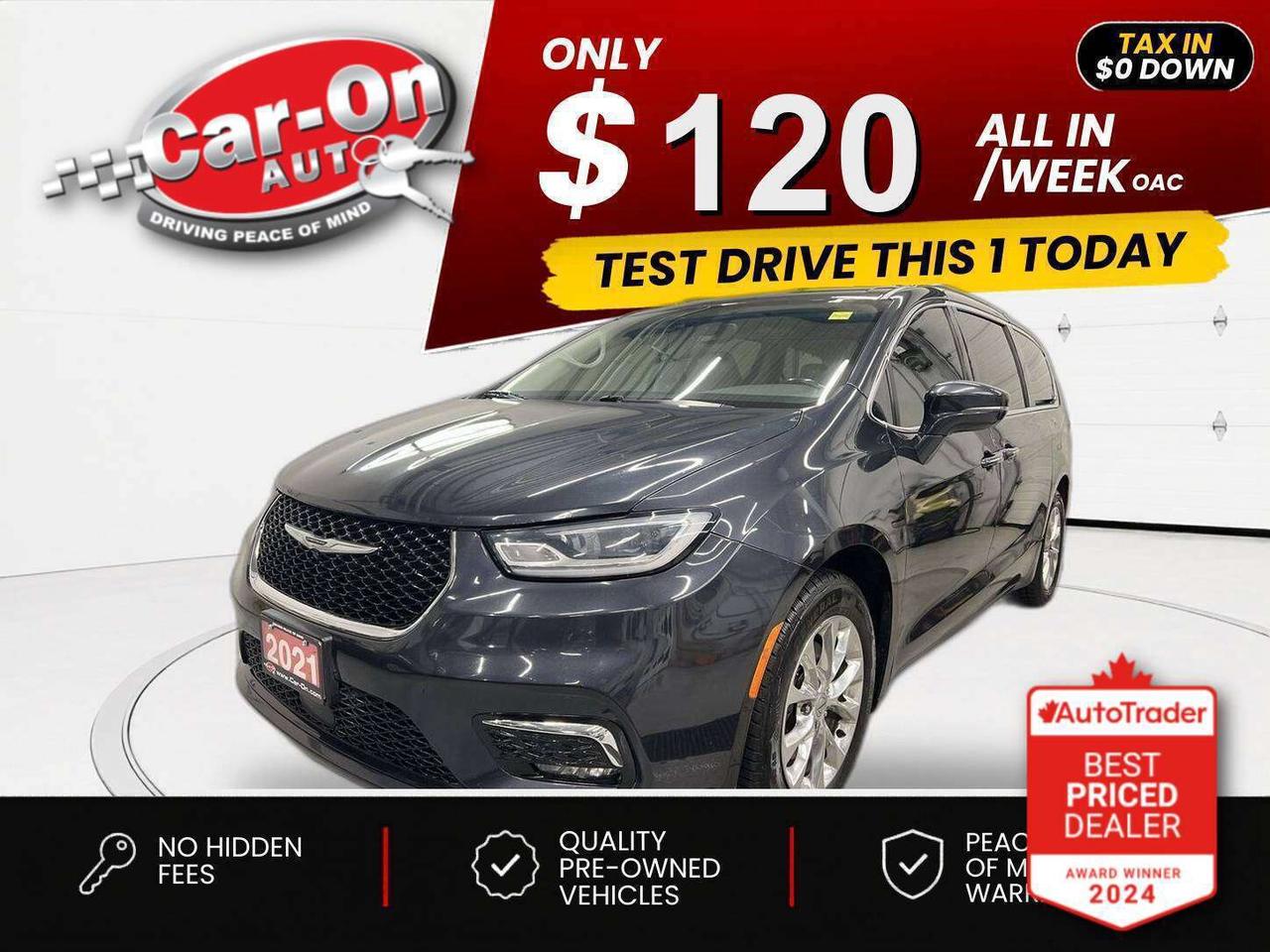 $0 DOWN $120/WEEK ALL IN INCLUDING ONTARIO TAXES O.A.C* LOADED TOURING L PLUS 7-PASSENGER!! Leather, massive 10-inch touchscreen w/ Android Auto/ Apple CarPlay, heated front & 2nd row captains chairs, heated steering, remote start, navigation, 18-inch alloys, blind spot monitor, rear cross-traffic alert, pre-collision system, backup camera w/ rear park sensors, three-zone climate control, rear sunshades, tow package, keyless entry w/ push start, Stow n Vac integrated vacuum system, power sliding rear doors, power liftgate, full power group incl. power driver & passenger seats w/ driver memory, automatic headlights, garage door opener, auto-dimming rearview mirror, Bluetooth and Sirius XM!!
