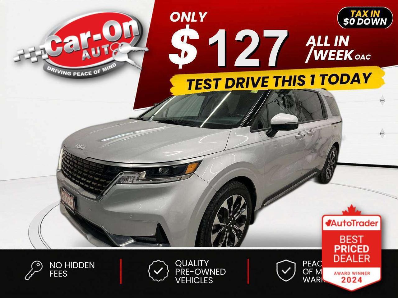 $0 DOWN $127/WEEK ALL IN INCLUDING ONTARIO TAXES O.A.C* LOADED EX 8-PASSENGER w/ Leather, Android Auto/ Apple CarPlay, heated seats & steering, 19-inch alloys, adaptive cruise control, blind spot monitor, rear cross-traffic alert, pre-collision system, lane departure warning, backup camera, wireless charger, three-zone climate control, 2nd & 3rd row sunshades, keyless entry w/ push start, power liftgate, full power group incl. power driver & passenger seats, power sliding rear doors, automatic headlights w/ auto highbeams, Bluetooth and Sirius XM!!