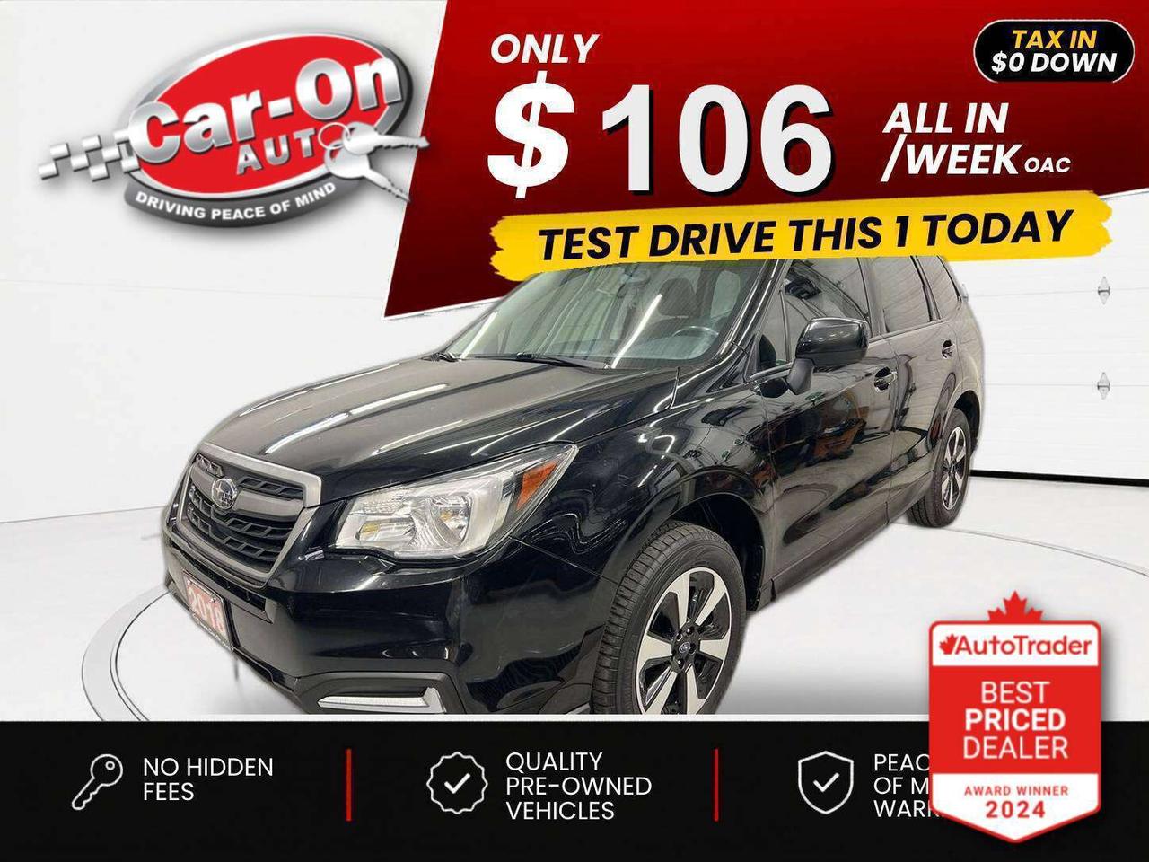 $0 DOWN $106/WEEK ALL IN INCLUDING ONTARIO TAXES O.A.C* 6-Speed Manual Touring All-Wheel Drive w/ sunroof, heated seats, 17-inch alloys, pre-collision system, lane departure warning, backup camera, automatic climate control, keyless entry, power seat, power mirrors, power windows, power locks, automatic headlights w/ auto highbeams, cruise control, Bluetooth and Sirius XM!!*This car was used as a previous daily rental*
