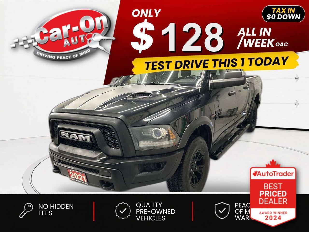 $0 DOWN $127/WEEK ALL IN INCLUDING ONTARIO TAXES O.A.C* WARLOCK 4X4 CREW CAB W/ 5.7L HEMI V8!! 8.4-Inch touchscreen w/ Android Auto/ Apple CarPlay, remote start, 17-inch black alloys, backup camera, tow package w/ integrated trailer brake controller, 5-foot 7-inch box w/ spray-in bedliner, 3.92 rear axle ratio, running boards, dual-zone climate control, keyless entry, power seat, power mirrors, power locks, power windows, automatic headlights, cruise control, Bluetooth and more!!This vehicle just landed and is awaiting a full detail and photo shoot. Contact us and book your road test today!