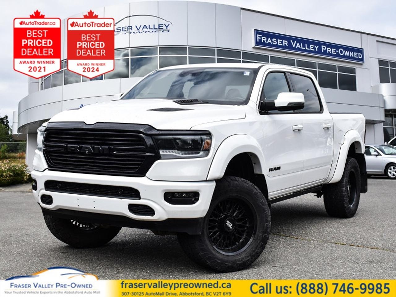 2023 RAM 1500 SPORT NIGHT CREW CAB 4X4 - LIFTED - 5.7L HEMI eTORQUE - ONE OWNER - ACCIDENT FREE - 104,561 KM
 
Lifted and leveled, Moto Metal wheels, oversized all-terrains, Harman/Kardon 19-speaker audio, panoramic sunroof, heads-up display
 
Fraser Valley Pre-Owned is proud to present this 2023 Ram 1500 Sport Night Crew Cab 4x4 in Bright White over black leather - a one-owner, accident-free Sport Night that left the factory at $88,785 and has since had serious money put back into it. The suspension has been lifted and the factory wheels replaced with a set of aftermarket Moto Metal rims wrapped in oversized all-terrain tires - the kind of setup that costs $4,000 to $6,000 properly done and transforms the way this truck looks and feels on and off the road. It sits tall, fills the fenders the way Ram intended these trucks to look, and turns heads without trying. Under the sport performance hood is the 5.7L HEMI with eTorque mild-hybrid assist - smooth, capable, and rated for serious towing. Inside, the Rebel 12 package brings Harman/Kardon 19-speaker audio, heated and ventilated leather bucket seats, and a panoramic dual-pane sunroof. The Technology Group adds a heads-up display and digital rearview mirror. The Advanced Safety Group adds adaptive cruise with stop-and-go. The Comfort and Convenience Group adds heated rear seats and wireless charging. Every package worth having - and then a lift kit and wheel and tire package on top of it. Were priced above the average Sport on the market because this truck is above the average Sport on the market. Come see it and youll understand immediately.
 
Highlights
 
Aftermarket suspension lift - professionally installed
Moto Metal aftermarket wheels - matte gunmetal multi-spoke
Oversized all-terrain tires - aggressive sidewall tread
5.7L HEMI VVT V8 with FuelSaver MDS and eTorque mild-hybrid system
8-speed automatic transmission
4x4 - part and full-time four-wheel drive
Sport Night Edition - blacked-out exterior badging and trim
Sport performance hood with blacked-out scoop
Dual-pane panoramic sunroof
Power retractable running boards
Hard folding tonneau cover
Harman/Kardon 19-speaker premium sound system
Uconnect 5W NAV with 12-inch touchscreen display
Apple CarPlay and Android Auto
GPS navigation system
Heads-up display
Digital rearview mirror with auto-dim display
WiFi hotspot
Wireless charging pad
Heated and ventilated leather-faced front bucket seats
Heated rear seats
Heated leather steering wheel
Dual-zone automatic climate control
Remote start system
Power 8-way adjustable driver and passenger seats with lumbar
Adaptive cruise control with stop-and-go
Parallel and perpendicular park assist with stop
Blind-spot monitoring with cross-traffic alert
Park-Sense front and rear park assist with stop
ParkView rear backup camera
Lane keep assist
Lane departure warning
Front collision mitigation with pedestrian emergency braking
Rear collision mitigation
Aerial view display system
Power-adjustable pedals
Auto-dimming rearview mirror
Universal garage door opener
Second-row in-floor storage bins
Rear underseat compartment storage
Media hub with 2 USB charging ports
Class IV hitch receiver
124.9-litre extended range fuel tank
Rear wheelhouse liners
Fog lamps
Automatic highbeams
Heated power folding mirrors with integrated turn signals
Privacy glass
 
Restoration Notes
 
One owner from new - confirmed by CARFAX Canada.
Accident-free - no accidents or damage records found on CARFAX Canada report.
Aftermarket suspension lift with Moto Metal wheels and oversized all-terrain tires professionally installed.
Normal title branding - clean and clear for financing or insurance.
No lien on record.
No open recalls.
Serviced and inspected to Fraser Valley Automall standards before hitting the lot.
 
Trades welcome.
 
Finance and warranty options available for all types of credit situations.
 
Dealership:
 
Fraser Valley Pre-Owned knows the difference between a truck and a built truck - and this Sport Night is the latter. A one-owner, accident-free Ram with a full factory Sport Night build, a suspension lift, and a Moto Metal wheel and all-terrain tire package already done is not a standard used truck - its a turn-key build that would cost significantly more to replicate from scratch. Were the only dedicated pre-owned store inside the Fraser Valley Automall, multiple-time AutoTrader Lowest Priced Dealer award winners, and proud recipients of both the 2025 and 2026 Consumer Choice Award for Pre-Owned Auto Dealership of the Year in Abbotsford. Our in-house service team goes through every vehicle before it hits the market. The premium is built in. So is the value.
 
307-30125 Auto Mall Drive, Abbotsford, BC V2T 6Y9
Fraser Valley Automall
www.fraservalleypreowned.ca
 
All finance/lender options available - cash purchases welcome
 

 
To apply right now for financing use this link: https://www.fraservalleypreowned.ca/abbotsford-car-loan-application-british-columbia
 

| Our Quality Guarantee: We maintain the highest standard of quality that is required for a Pre-Owned Dealership to operate in an Auto Mall. We provide an independent 360-degree inspection report through licensed 3rd Party mechanic shops. Thus, our customers can rest assured each vehicle will be a reliable, and responsible purchase.  |  Purchase Disclaimer: Your selected vehicle may have a differing finance and cash prices. When viewing our vehicles on third party  marketplaces, please click over to our website to verify the correct price for the vehicle. The Sale Price on third party websites will always reflect the Finance Price of our vehicles. If you are making a Cash Purchase, please refer to our website for the Cash Price of the vehicle.  | All prices are subject to and do not include, a $995 Finance Fee, a $995 Document Fee, and a $499 GPS Lot Pack. VSA Security Fee of $10 is applicable as we are a Certified VSA Dealer (#40190).  These fees as well as taxes, are included in all listed listed payment quotes. Please speak with Dealer for full details and exact numbers.  o~o