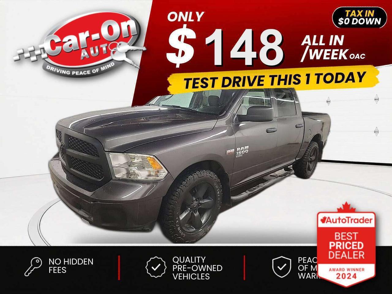 $0 DOWN $148/WEEK ALL IN INCLUDING ONTARIO TAXES O.A.C* SLT 4X4 CREW CAB W/ 5.7L HEMI V8!! Backup camera, black alloys, running boards, tow package, 5-foot 7-inch box, air conditioning, keyless entry, power locks, power mirrors, power windows, automatic headlights, cruise control Bluetooth and more!!*This car was used as a previous daily rental* This vehicle just landed and is awaiting a full detail and photo shoot. Contact us and book your viewing today!