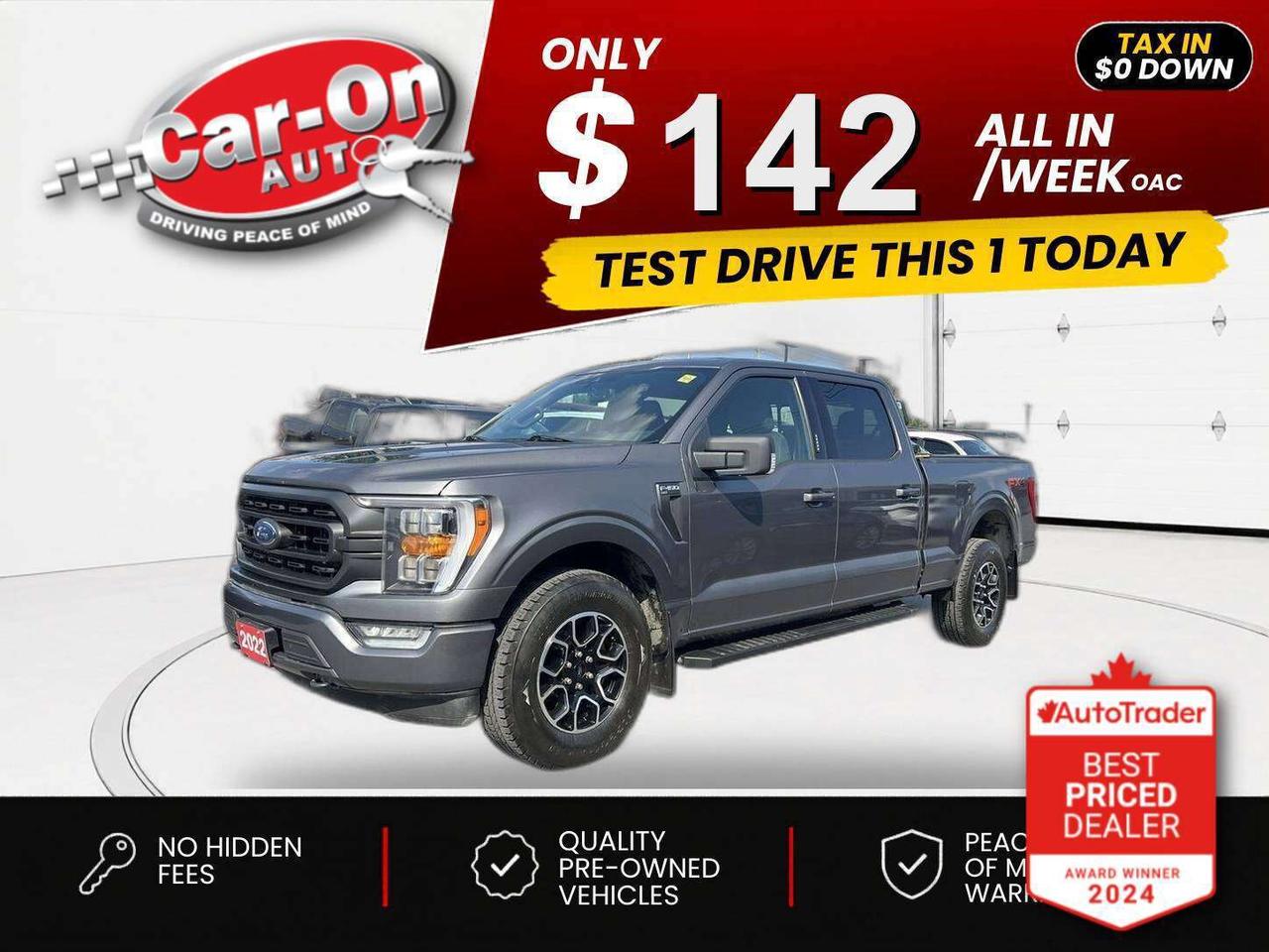 $0 DOWN $142/WEEK ALL IN INCLUDING ONTARIO TAXES O.A.C* XLT SPORT SUPERCREW 4X4 W/ 3.5L V6 ECOBOOST!! FX4 Off-Road Package w/ Heated seats, massive 12-inch touchscreen w/ navigation, remote start, blind spot monitor, rear cross-traffic alert, pre-collision system, lane keep assist, backup camera w/ rear park sensors, 18-inch alloys, Android Auto/ Apple CarPlay, tonneau cover, dual-zone climate control, tow package w/ integrated trailer brake controller, 6-foot 6-inch box w/ bedliner, pro trailer backup assist, back rack, automatic headlights w/ auto highbeams, keyless entry w/ push start, full power group incl. power driver & passenger seats, leather-wrapped steering wheel, cruise control, Bluetooth and Sirius XM!!