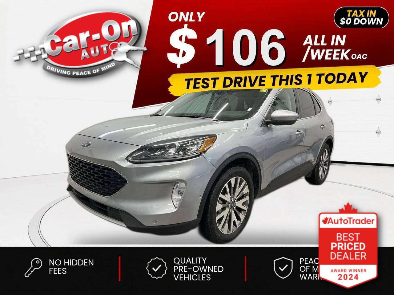 $0 DOWN $106/WEEK ALL IN INCLUDING ONTARIO TAXES O.A.C* TOP OF THE LINE ALL-WHEEL DRIVE TITANIUM HYBRID!! Heated leather seats & steering, active park assist, navigation, remote start, premium Bang & Olufsen audio system, blind spot monitor, rear cross-traffic alert, pre-collision system, lane departure alert, traffic sign recognition, adaptive cruise control w/ stop and go, backup camera w/ front & rear park sensors, 19-inch alloys, Android Auto/ Apple CarPlay, dual-zone climate control, automatic headlights, keyless entry w/ push start, power liftgate, full power group incl. power driver & passenger seats w/ driver memory, auto-dimming rearview mirror, leather-wrapped steering wheel, Bluetooth and Sirius XM!! *this car was a previous daily rental vehicle*