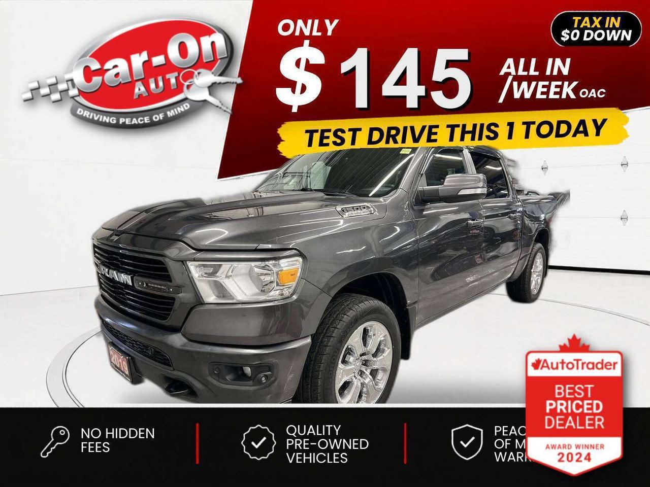 $0 DOWN $145/WEEK ALL IN INCLUDING ONTARIO TAXES O.A.C* BIG HORN 4X4 CREW CAB W/ 5.7L HEMI V8 & LEVEL 2 EQUIPMENT GROUP!! Sport Appearance Package w/ Heated seats & steering, 8.4 inch touch screen w/ Android Auto/ Apple CarPlay, remote start, 20-inch chrome alloys, backup camera w/ front & rear park sensors, tonneau cover, 5-foot 7-inch box w/ spray-in bedliner, tow package w/ integrated trailer brake controller, Off-Road Group, electronic locking rear differential, tow hooks, skid plates, dual-zone climate control, keyless entry w/ push start, power seat, power mirrors, power locks, power windows, automatic headlights, cruise control, Bluetooth and more!!This vehicle just landed and is awaiting a full detail and photo shoot. Contact us and book your road test today!