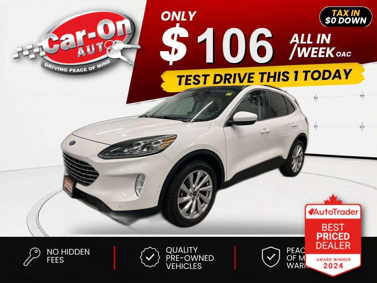 $0 DOWN $106/WEEK ALL IN INCLUDING ONTARIO TAXES O.A.C* TOP OF THE LINE ALL-WHELL DRIVE TITANIUM HYBRID W/ ELITE PACKAGE!!! Leather, panoramic sunroof, heated seats & steering, active park assist, 19-inch alloys, navigation, remote start, blind spot monitor, rear cross-traffic alert, pre-collision system, traffic sign recognition, lane keep assist, backup camera w/ front & rear park sensors, premium Bang & Olufsen audio system, Android Auto/ Apple CarPlay, wireless charger, dual-zone climate control, automatic headlights w/ auto highbeams, keyless entry w/ push start, full power group incl. power driver & passenger seats w/ driver memory, leather-wrapped steering wheel, garage door opener, Bluetooth and Sirius XM!!