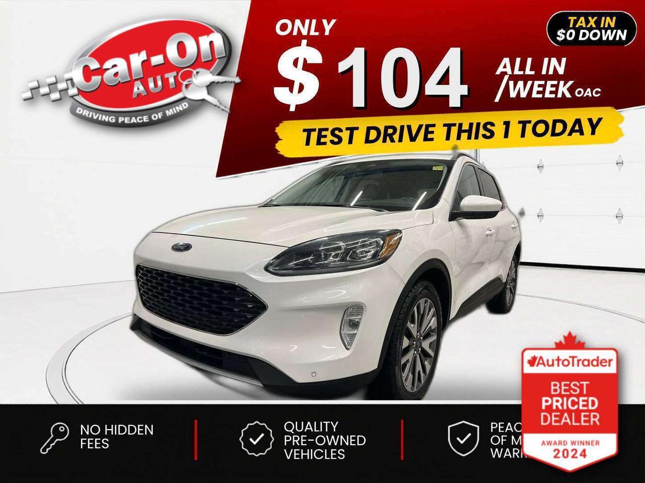 $0 DOWN $103/WEEK ALL IN INCLUDING ONTARIO TAXES O.A.C* LOADED TITANIUM ALL-WHEEL DRIVE W/ 250HP 2.0L ECOBOOST!!! Leather, 8-inch touchscreen w/ navigation, heated seats & steering, remote start, blind spot monitor, rear cross-traffic alert, pre-collision system, lane keep assist, traffic sign recognition, adaptive cruise control w/ stop & go, backup camera w/ front & rear park sensors, 19-inch alloys, dual-zone climate control, automatic headlights w/ auto highbeams, keyless entry w/ push start, rain-sensing wipers, ambient lighting, power liftgate, full power group incl. power driver & passenger seats w/ driver memory, garage door opener, Bluetooth and Sirius XM!! *this car was a previous daily rental vehicle*