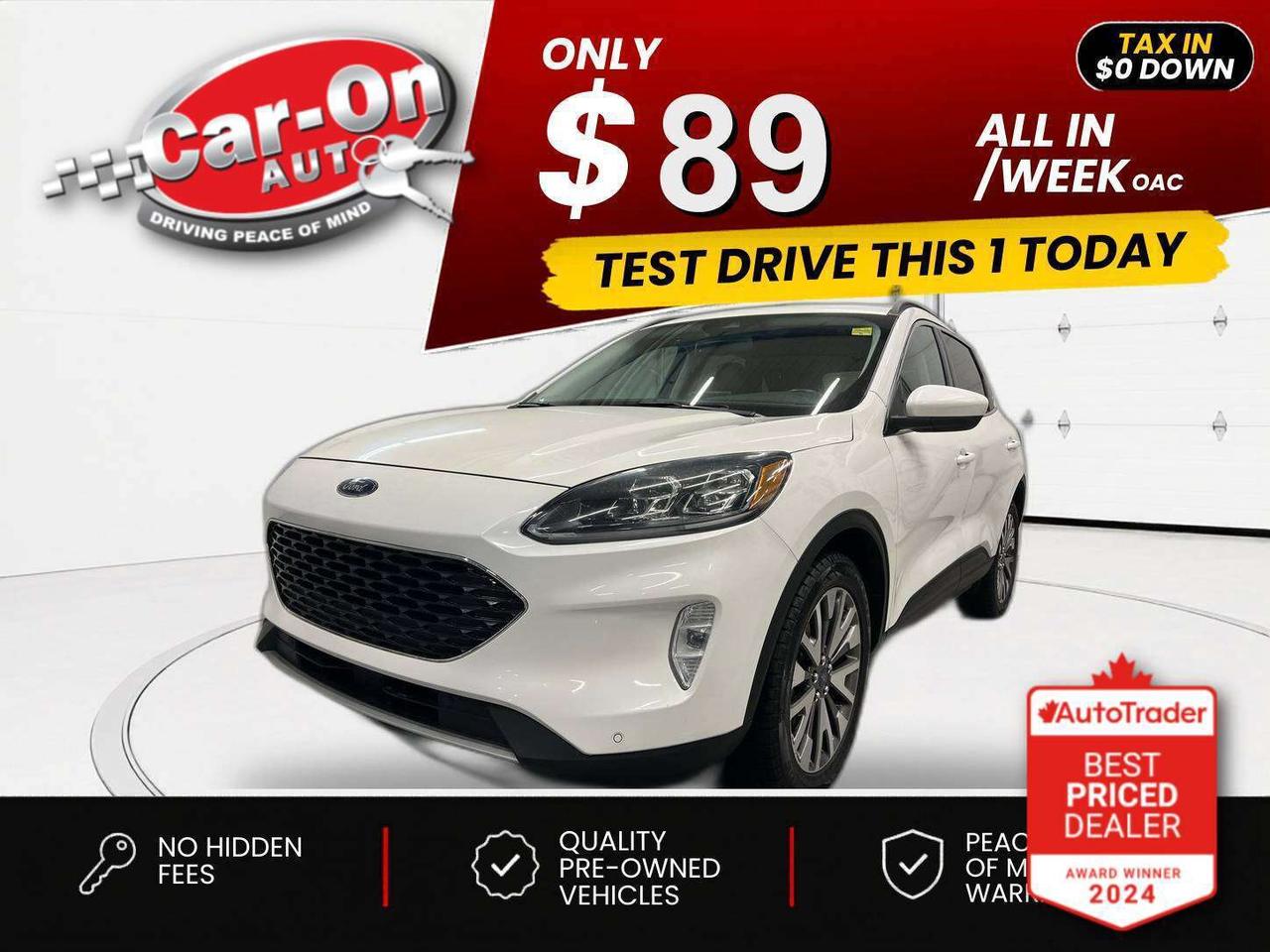 $0 DOWN $89/WEEK ALL IN INCLUDING ONTARIO TAXES O.A.C* LOADED TITANIUM ALL-WHEEL DRIVE W/ 250HP 2.0L ECOBOOST!!! Leather, 8-inch touchscreen w/ navigation, heated seats & steering, remote start, blind spot monitor, rear cross-traffic alert, pre-collision system, lane keep assist, traffic sign recognition, adaptive cruise control w/ stop & go, backup camera w/ front & rear park sensors, 19-inch alloys, dual-zone climate control, automatic headlights w/ auto highbeams, keyless entry w/ push start, rain-sensing wipers, ambient lighting, power liftgate, full power group incl. power driver & passenger seats w/ driver memory, garage door opener, Bluetooth and Sirius XM!! *this car was a previous daily rental vehicle*