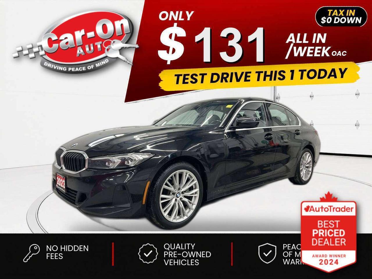 $0 DOWN $131/WEEK ALL IN INCLUDING ONTARIO TAXES O.A.C* 330I xDRIVE W/ PREMIUM ESSENTIAL GROUP W/ 255HP TURBO ENGINE!! Leather, massive sunroof, heated seats & steering, massive 14.9-inch touchscreen w/ navigation, blind spot monitor, rear cross-traffic alert, pre-collision system, lane departure alert, fatigue alert, backup camera w/ front & rear park sensors, 18-inch alloys, Android Auto/ Apple CarPlay, three-zone climate control, automatic headlights w/ auto highbeams, keyless entry w/ push start, full power group incl. power seats w/ driver memory, paddle shifters, leather-wrapped steering wheel, cruise control, Bluetooth and Sirius XM!!