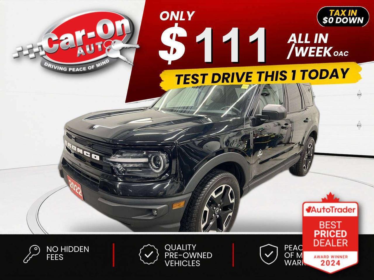 $0 DOWN $111/WEEK ALL IN INCLUDING ONTARIO TAXES O.A.C* ONLY 46,000KMS!! LOADED OUTER BANKS ALL-WHEEL DRIVE W/ TECH PACKAGE!! Leather, Android Auto/ Apple CarPlay, heated seats & steering, remote start, 18-inch alloys, blind spot monitor, rear cross-traffic alert, pre-collision system, lane keep assist, backup camera w/ rear park sensors, premium Bang & Olufsen audio system, wireless charger, dual-zone climate control, keyless entry w/ push start, full power group incl. power driver & passenger seats, automatic headlights w/ auto highbeams, garage door opener, G.O.A.T modes, cruise control, Bluetooth and Sirius XM!!*This car was used as a previous daily rental*