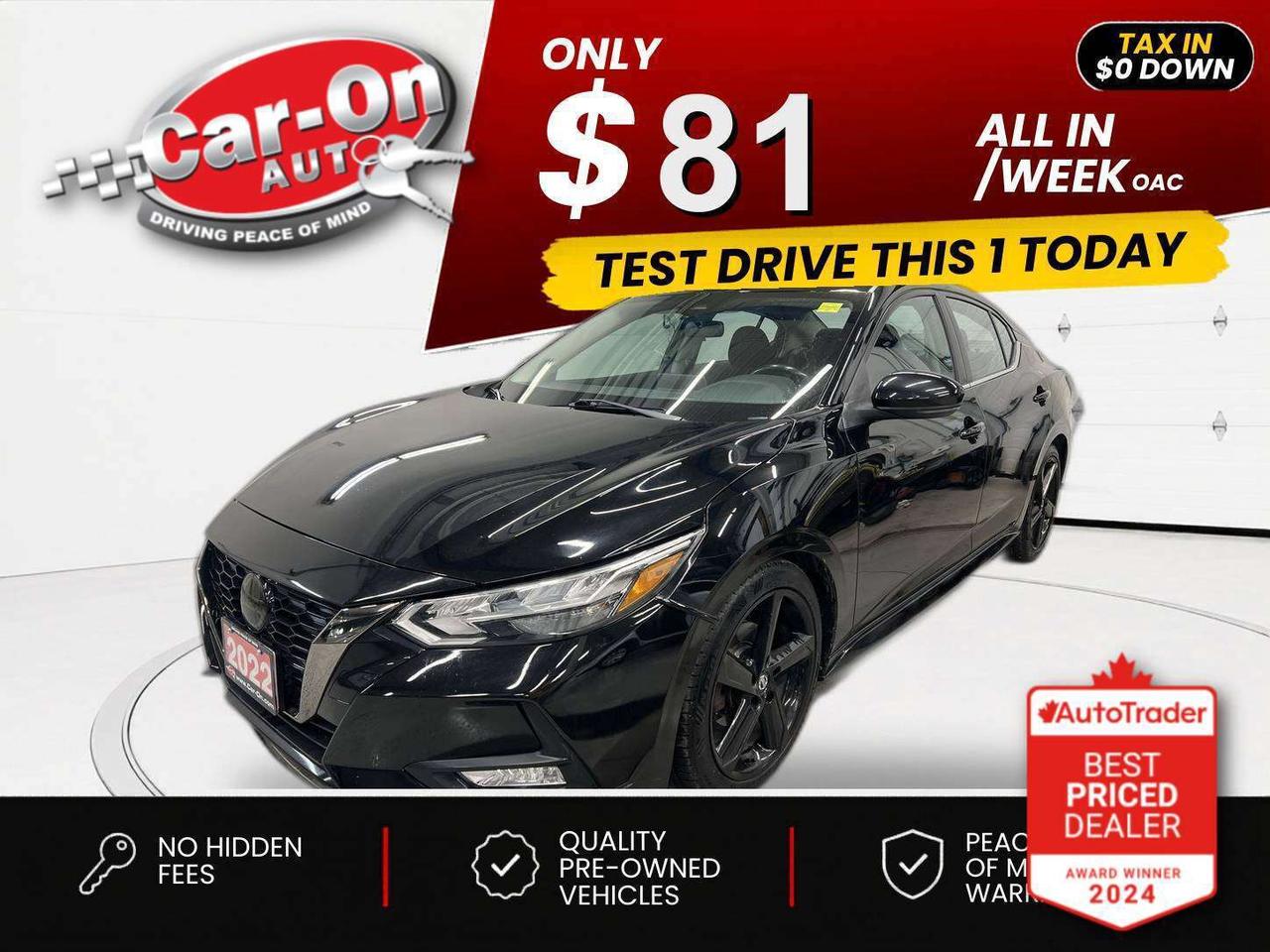 $0 DOWN $81/WEEK ALL IN INCLUDING ONTARIO TAXES O.A.C* SR w/ Sunroof, heated seats & steering, Android Auto/ Apple CarPlay, premium 18-inch black alloys, adaptive cruise control, blind spot monitor, rear cross-traffic alert, pre-collision system, lane departure warning, backup camera, dual-zone climate control, keyless entry w/ push start, power locks, power mirrors, power windows, automatic headlights w/ auto highbeams, Bluetooth and Sirius XM!!