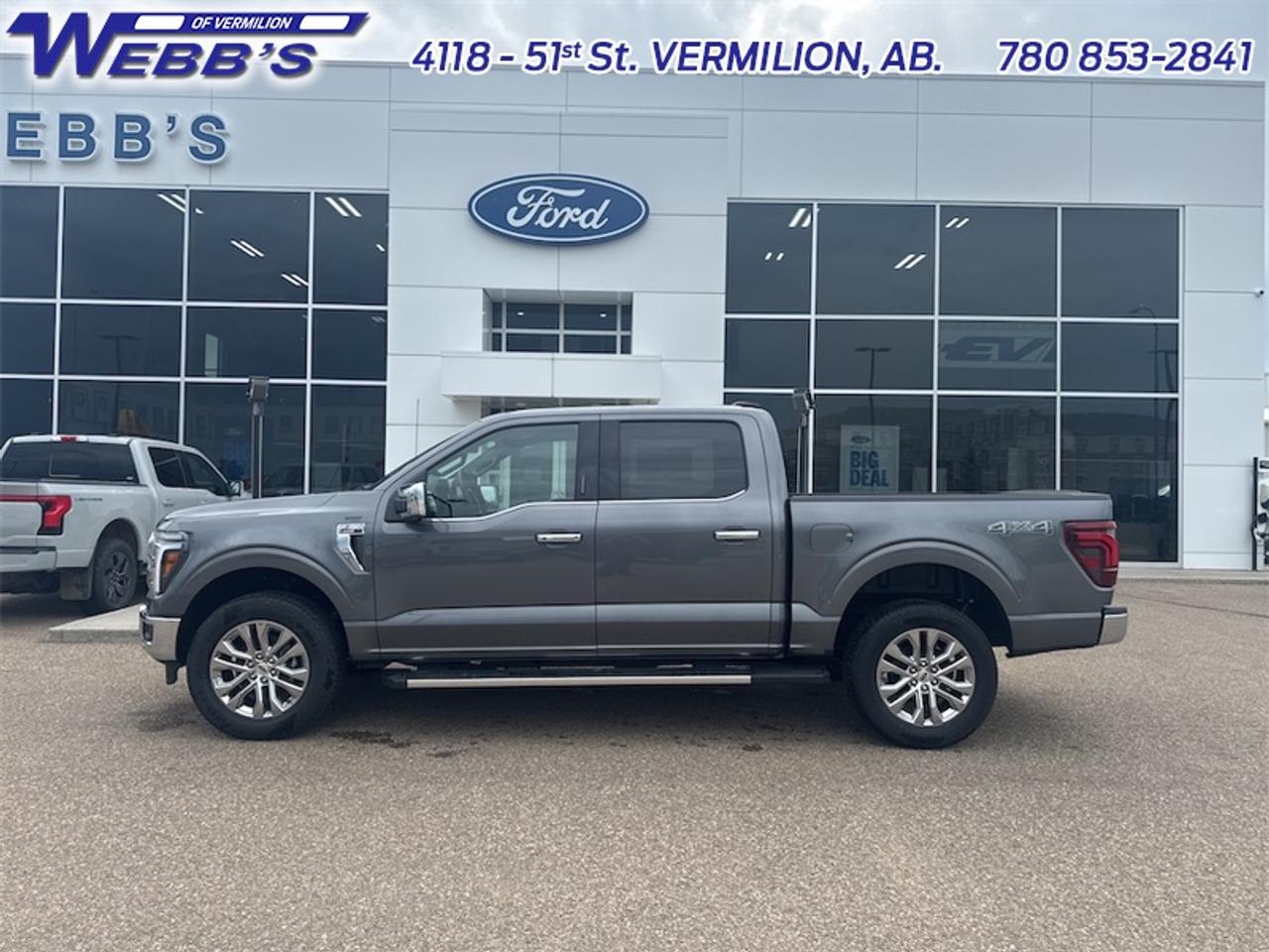 <b>B&O Audio,  Cooled Seats,  Remote Start,  Adaptive Cruise Control,  Heated Steering Wheel!</b><br> <br> The 2026 Ford F-150 stands ready with rugged utility, smart features and a presence that commands attention on any road.<br> <br>The 2026 Ford F-150 combines proven leadership in toughness with smart innovation to deliver a truck built for real-world demands. Inside, the cabin features refined materials, intuitive tech and comfortable seating to support both driver and passengers on every journey. With its strong presence, flexible design and Fords legacy of dependability, the F-150 is ready for whatever work or play you throw its way.<br> <br>This Carbonized Grey Metallic Crew Cab 4X4 pickup has a 10 Speed Automatic transmission and is powered by a 382HP 3.5L V6 Cylinder Engine. <br> <br> Our F-150s trim level is LARIAT. Designed for premium truck enthusiasts who demand upscale refinement alongside rugged capability, this stunning pickup stands out with its bold chrome grille, chrome bumpers with dual tow hooks, convenient running boards, directionally adaptive projector-beam LED headlights, and brilliant chrome-like PVD wheels. Inside, the luxurious cabin welcomes you with heated and ventilated ActiveX-trimmed power front seats featuring driver memory settings, a heated leatherette steering wheel, elegant metal-look accents, and clever second-row underseat storage. Premium convenience and connectivity are always at your fingertips thanks to proximity keyless entry, voice-activated dual-zone automatic climate control, power-adjustable pedals, and an outstanding eight-speaker B&O sound system paired with a 12-inch SYNC 4 display featuring connected navigation and a built-in Wi-Fi hotspot. Finally, you can travel with ultimate peace of mind backed by top-tier safety technology, including the innovative BlueCruise driving system, a comprehensive aerial view camera system, adaptive cruise control with stop-and-go, and a blind spot information system with cross-traffic alert and reverse brake assist. This vehicle has been upgraded with the following features: B&O Audio, Cooled Seats, Remote Start, Adaptive Cruise Control, Heated Steering Wheel, Running Boards, 360 Camera.<br><br> View the original window sticker for this vehicle with this url <b><a href=http://www.windowsticker.forddirect.com/windowsticker.pdf?vin=1FTFW5L80TFA96723 target=_blank>http://www.windowsticker.forddirect.com/windowsticker.pdf?vin=1FTFW5L80TFA96723</a></b>.<br> <br>To apply right now for financing use this link: <a href=https://www.webbsford.com/financing/ target=_blank>https://www.webbsford.com/financing/</a><br> <br/>Total rebate of $2500 is reflected in the price. 3.99% financing for 84 months. <br> Buy this vehicle now for the lowest bi-weekly payment of <b>$577.04</b> with $0 down for 84 months @ 3.99% APR O.A.C. ( taxes included, $199 documentation fee / Total cost of borrowing $13452 ). Incentives expire 2026-08-31. See dealer for details. <br><br>Webbs Ford is located at 4118 - 51st Street in beautiful Vermilion, AB. <br/>We offer superior sales and service for our valued customers and are committed to serving our friends and clients with the best services possible. If you are looking to set up a test drive in one of our new Fords or looking to inquire about financing options, please call (780) 853-2841 and speak to one of our professional staff members today.   Vehicle pricing offer shown expires 2026-08-31.  o~o